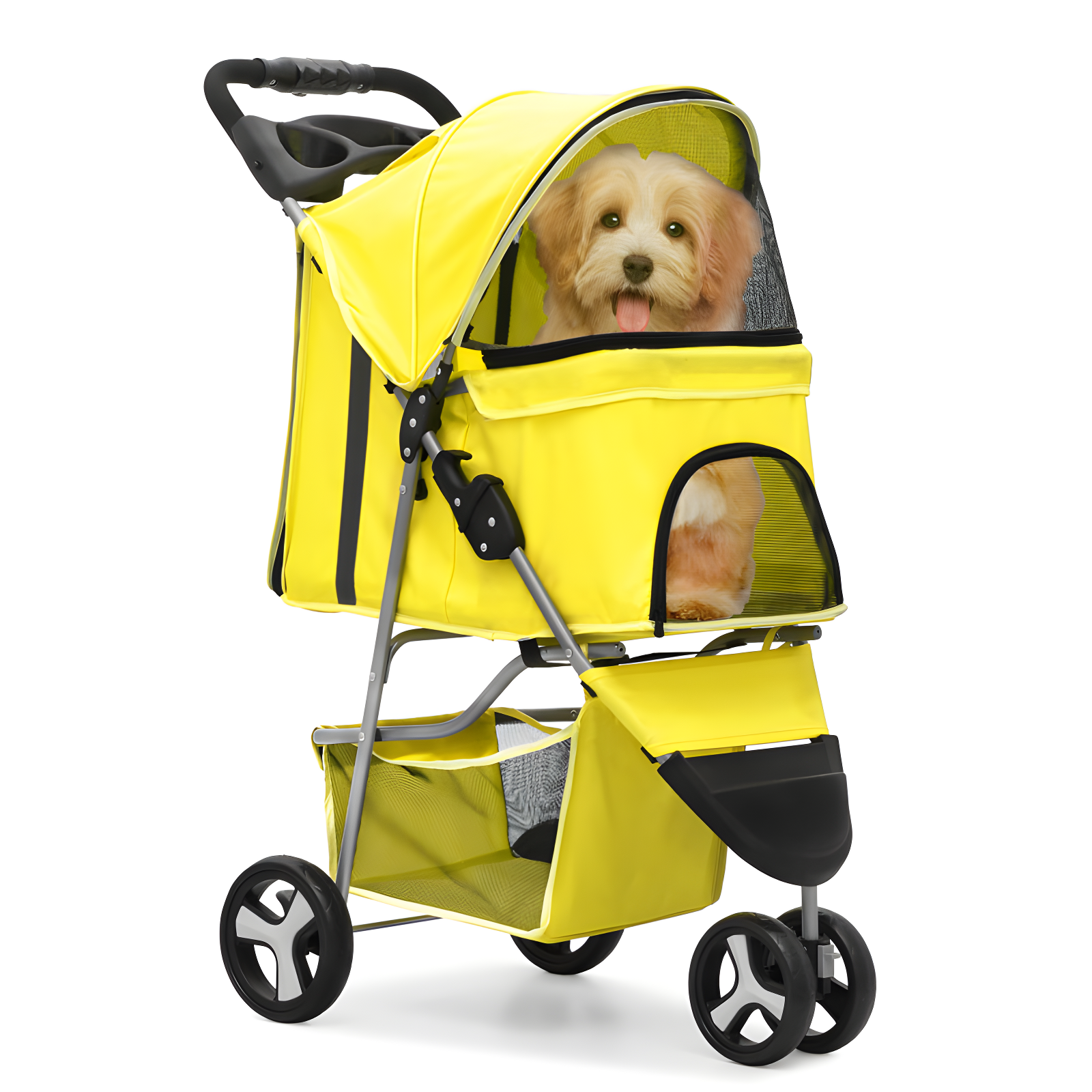 Yellow Foldable Pet Stroller with Storage Basket and Canopy