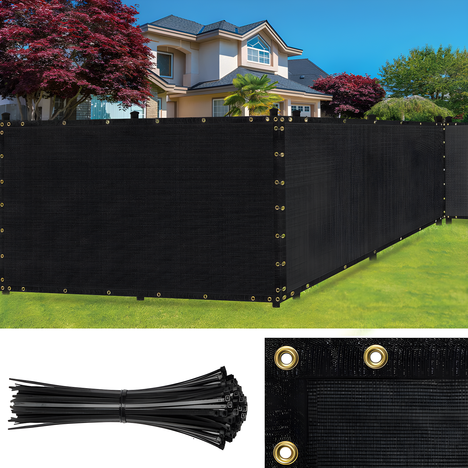 Black Heavy-Duty Polyethylene Privacy Fence Screen with Grommets