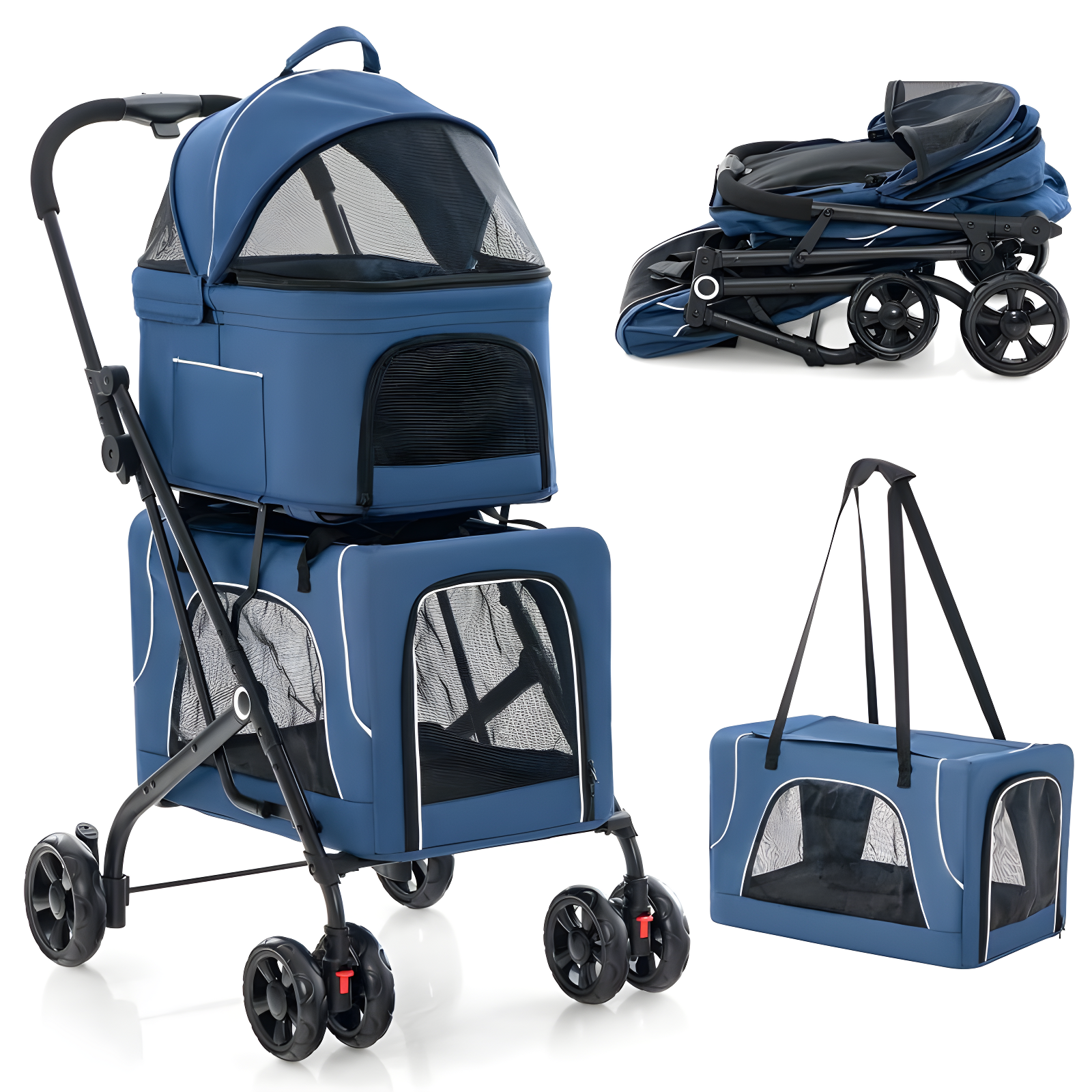 Blue Double Pet Stroller with Detachable Carriers