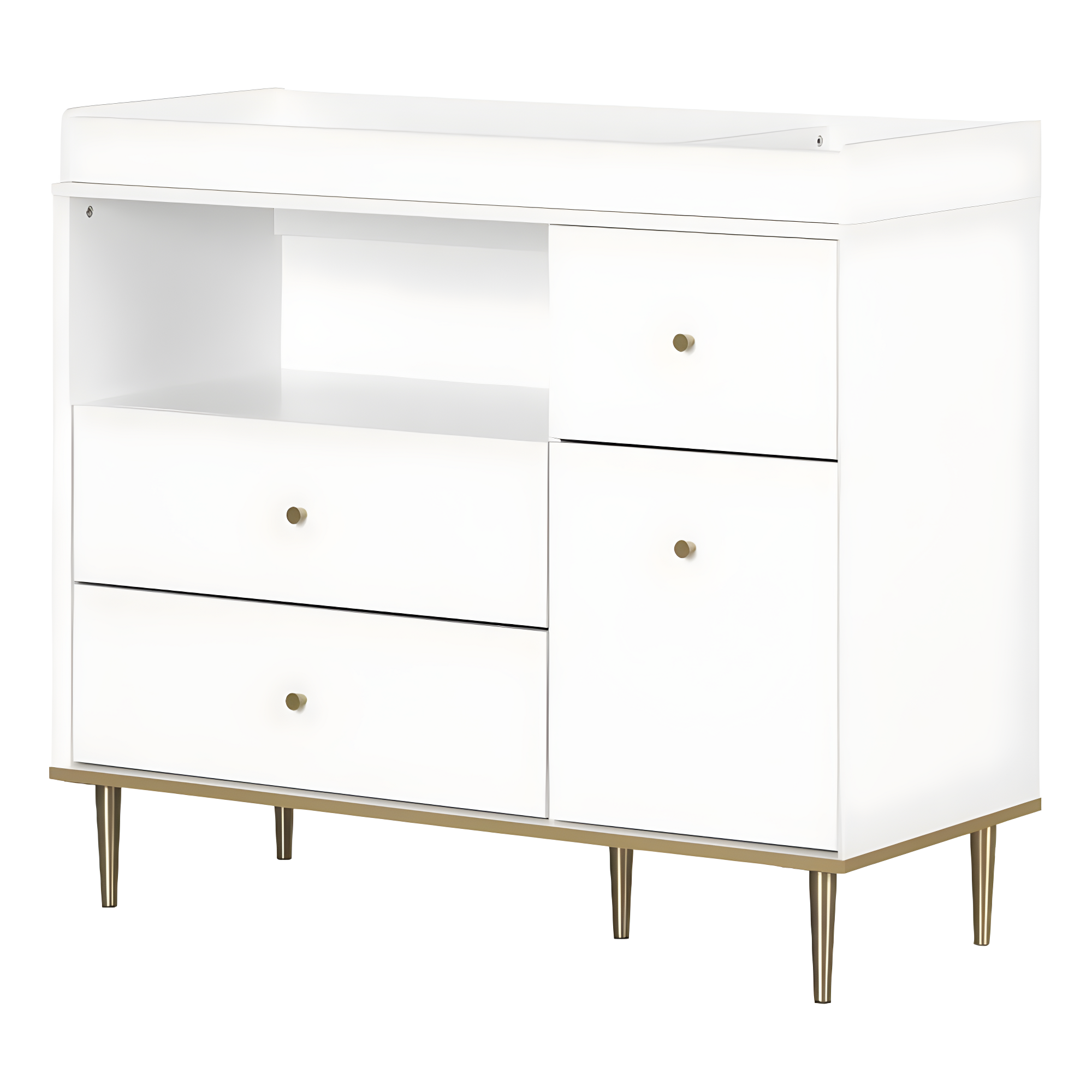 White Modern Changing Table with Drawers and Open Storage