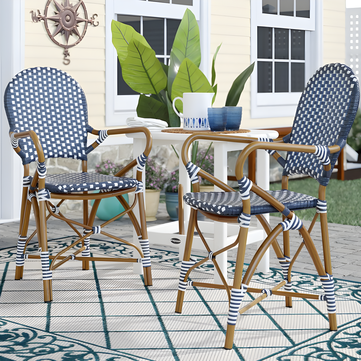 Blue and White Wicker Arm Dining Chairs with Faux Bamboo Frame