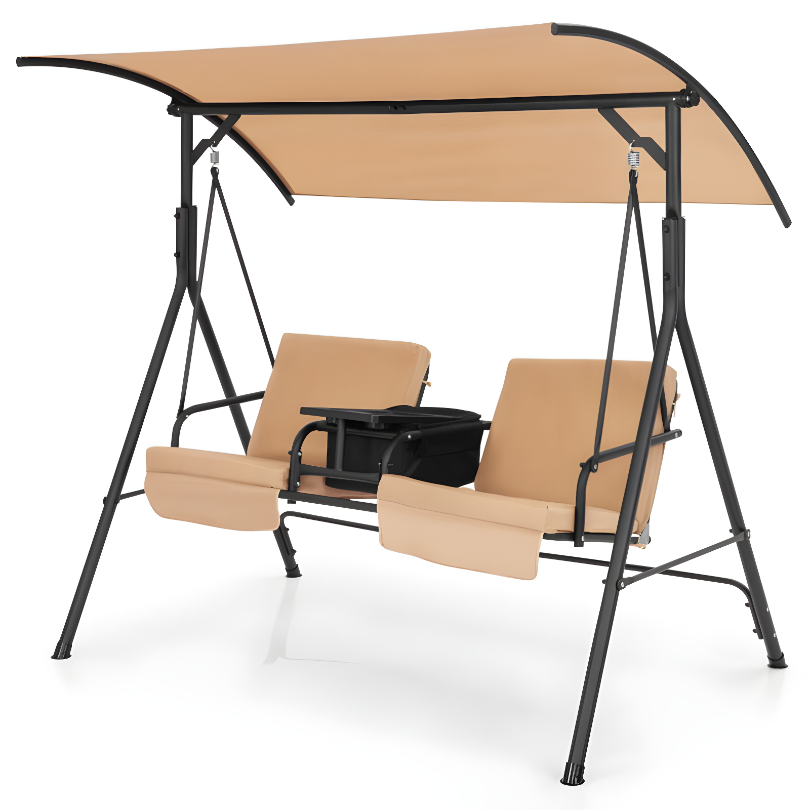 Beige Steel Frame 2-Seat Porch Swing with Adjustable Canopy