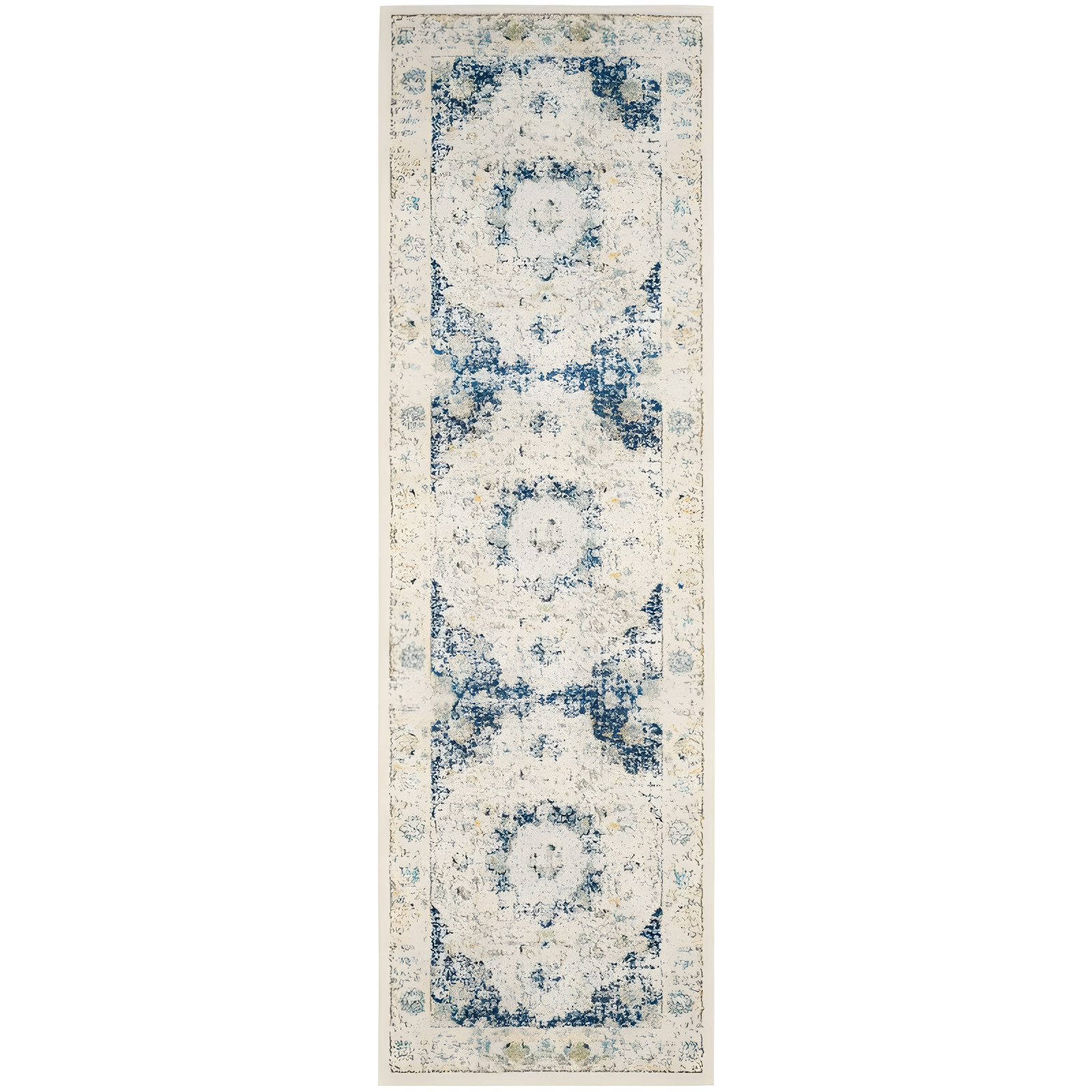 Ivory and Blue Hand-Knotted Cotton Runner Rug