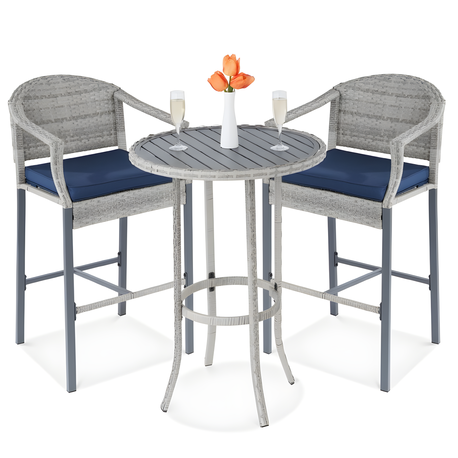 Gray and Blue Wicker Outdoor Bistro Set with Barstools