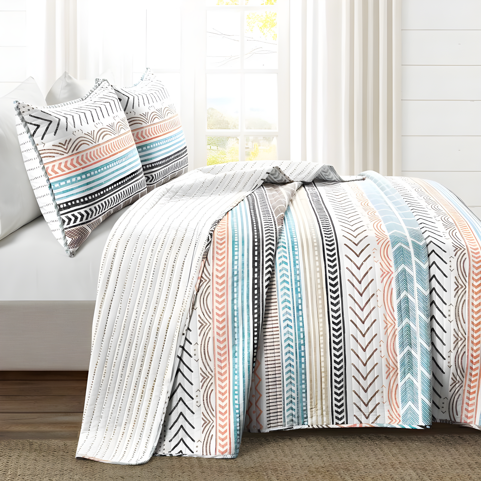 Full Multicolor Cotton Reversible Quilt and Sham Set