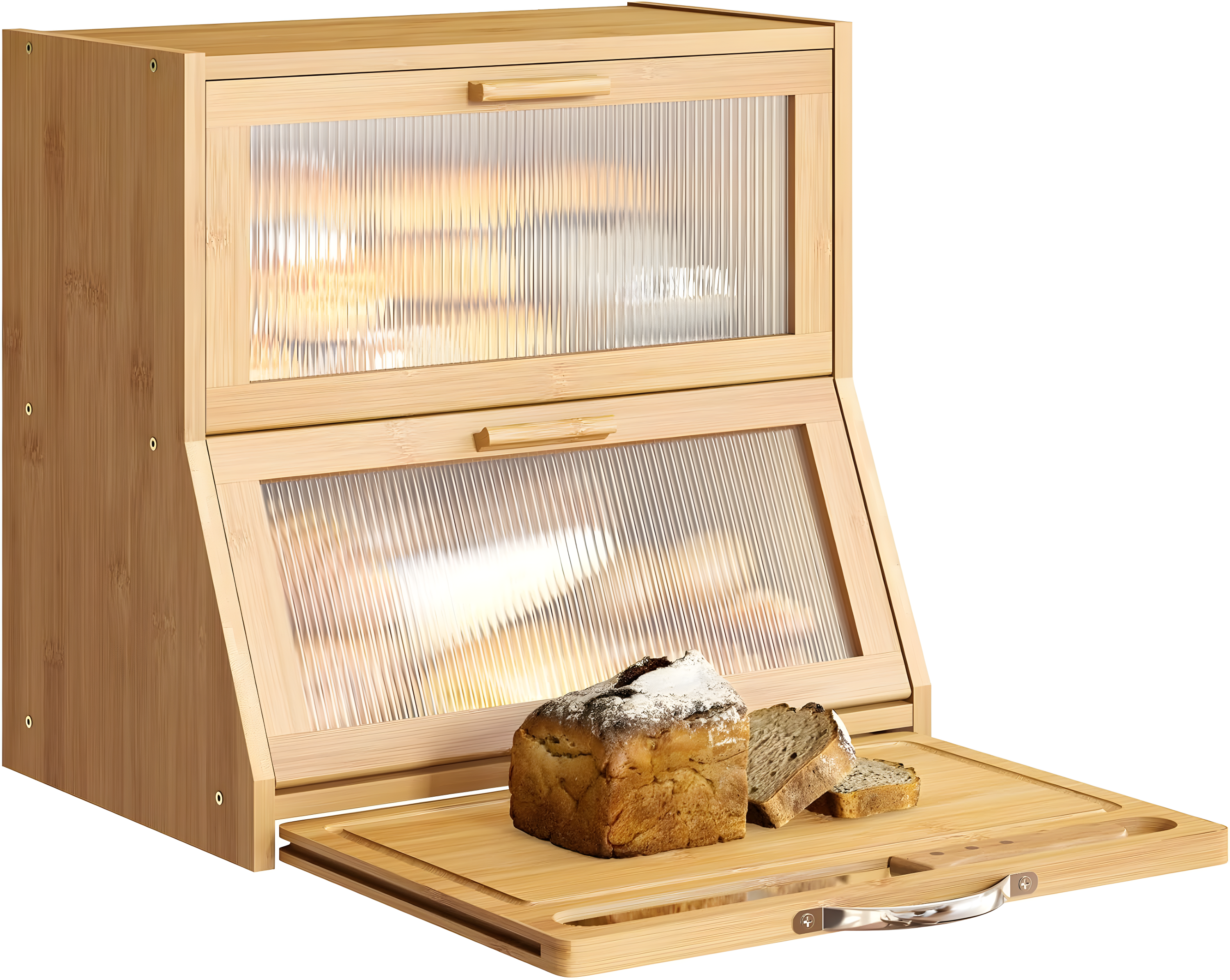 Natural Bamboo Double-Layer Bread Box with Frosted Glass