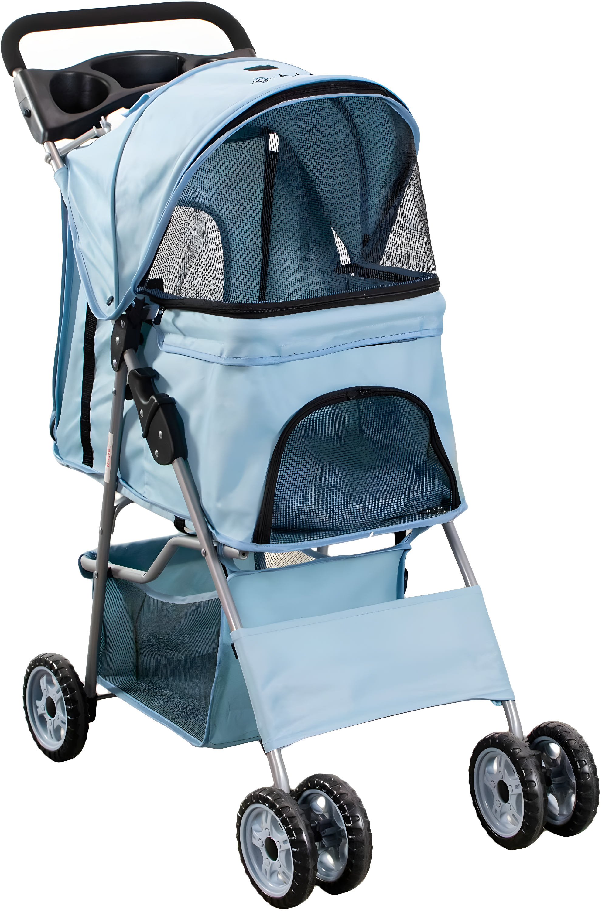 Blue Foldable Four-Wheel Pet Stroller with Mesh Windows