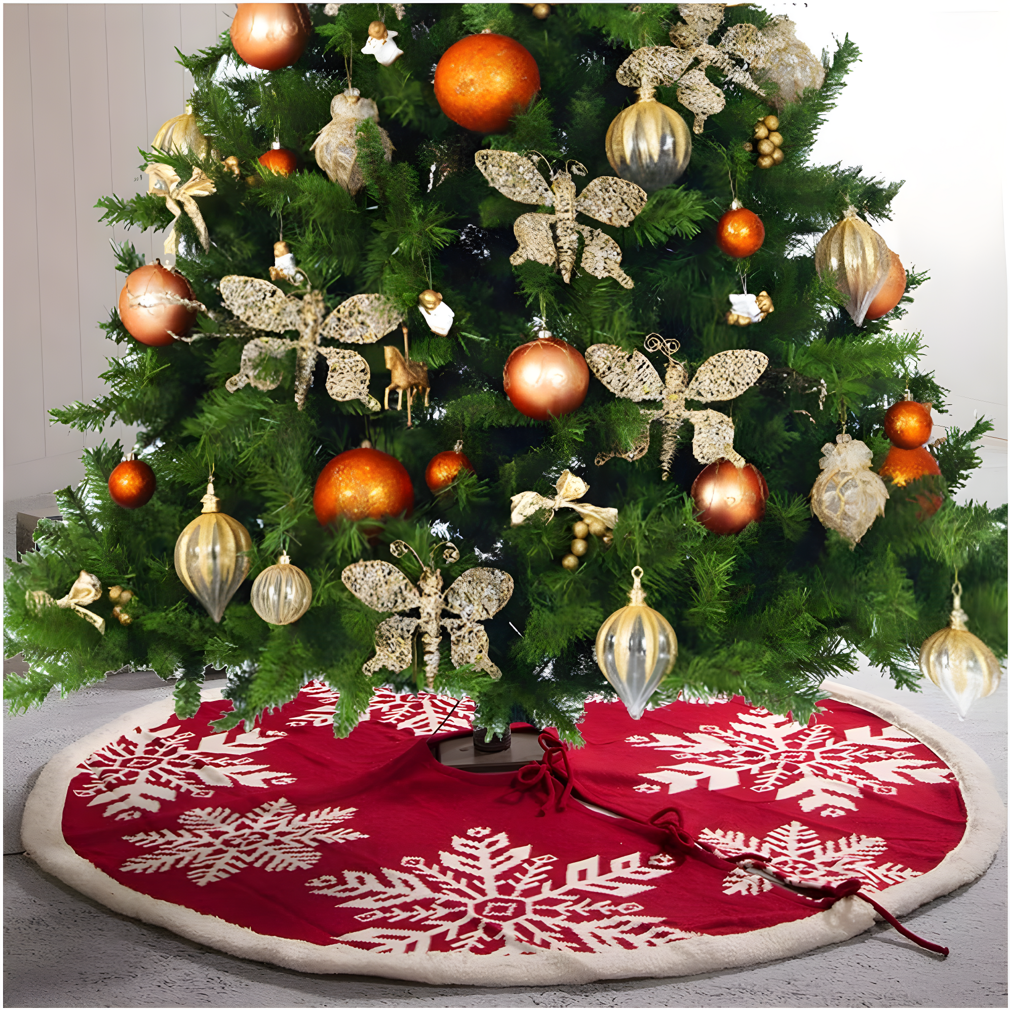 Red and White Knitted Snowflake Christmas Tree Skirt, 48 Inches