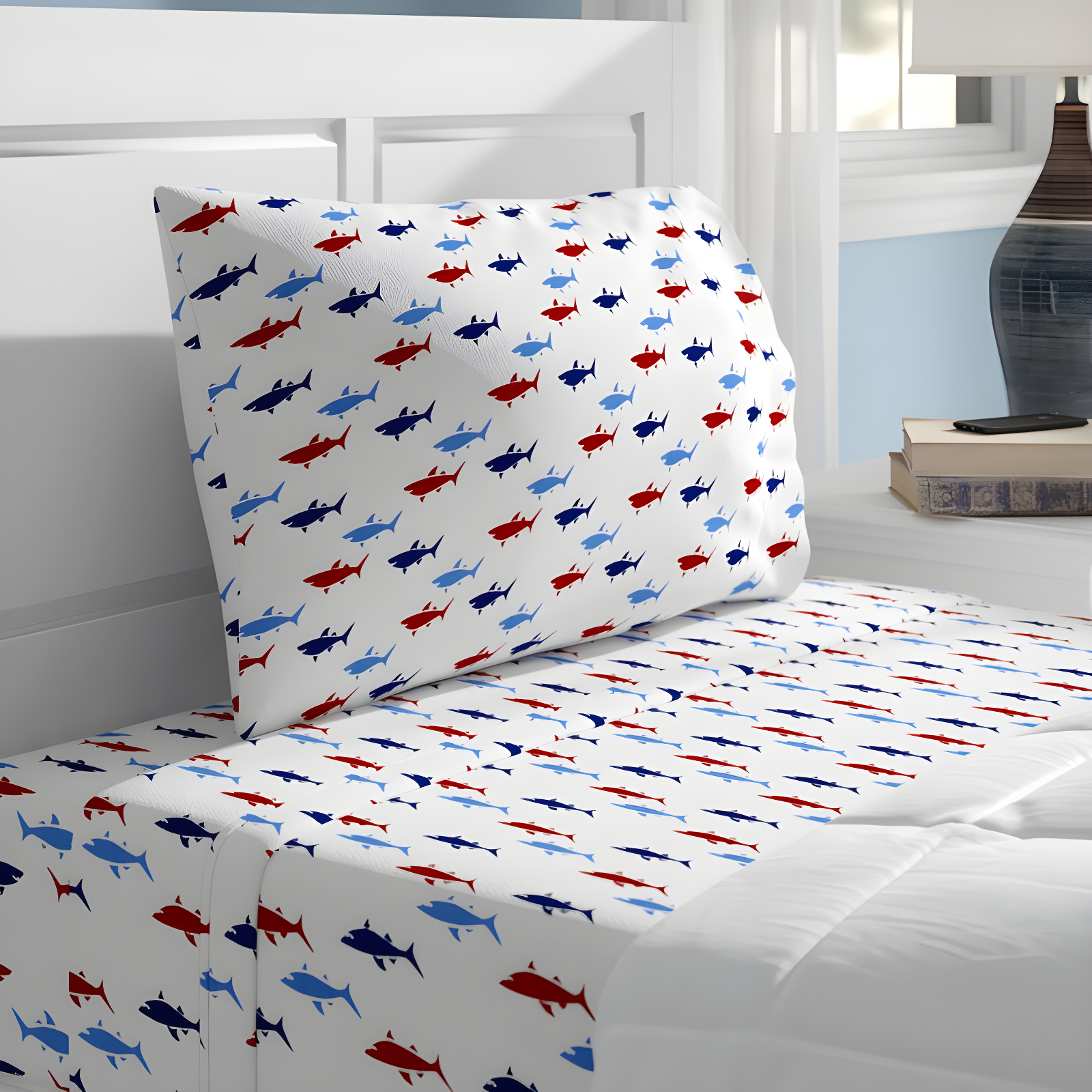 Queen Cotton Percale Shark Print Sheet Set