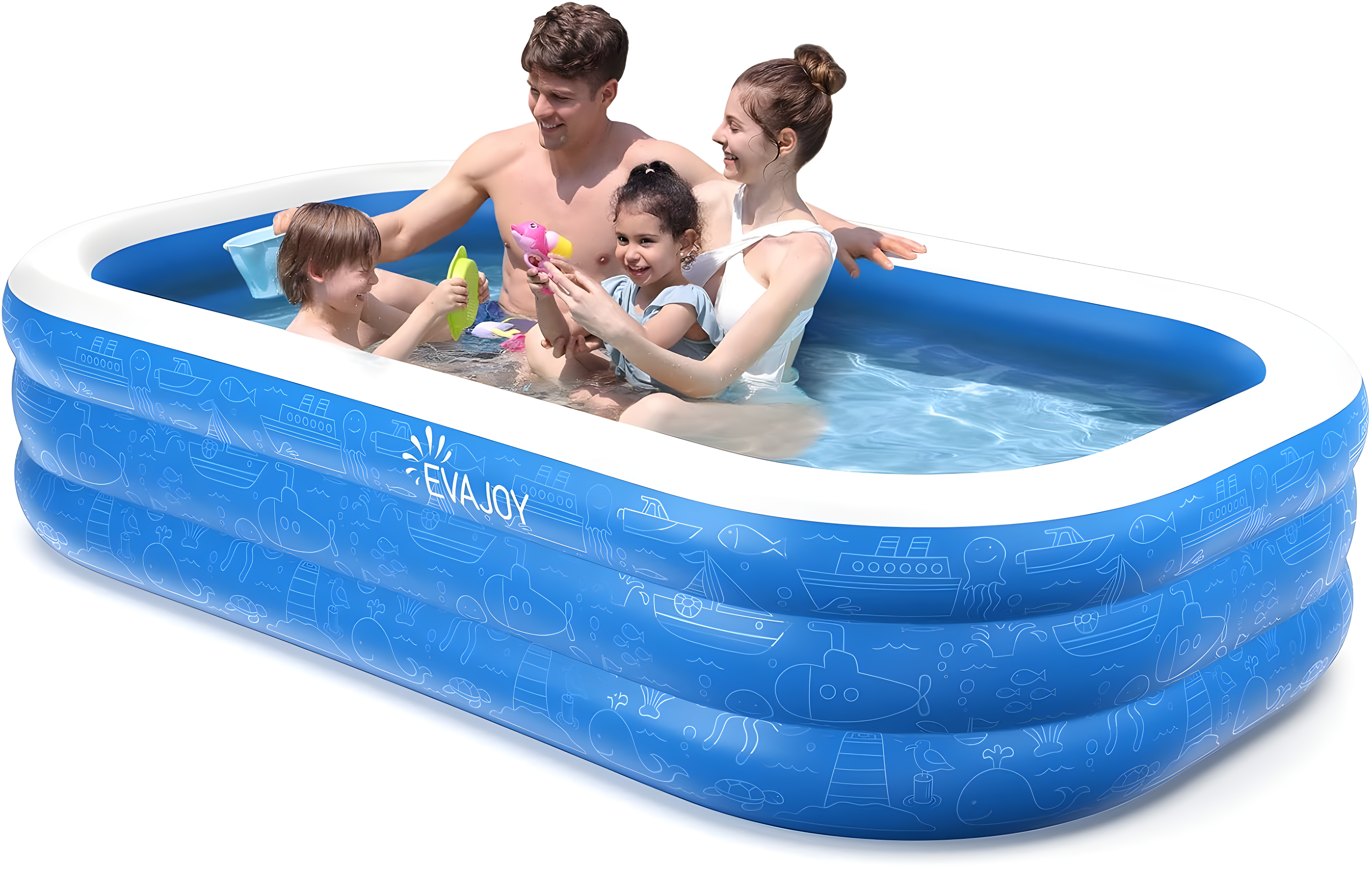 Evajoy Blue and White Rectangular Inflatable Pool with Electric Pump