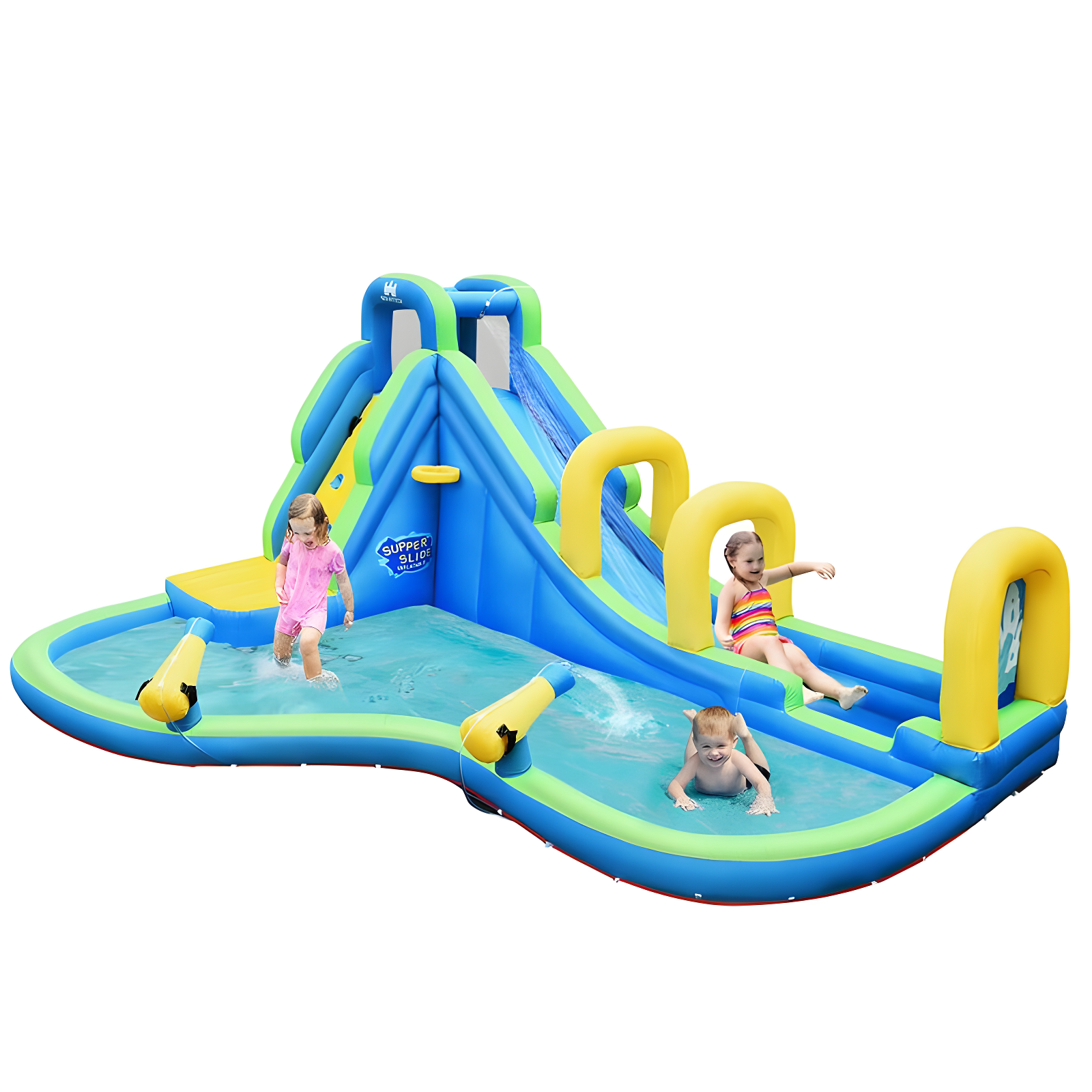 Colorful Inflatable Water Slide with Splash Pool and Climbing Wall