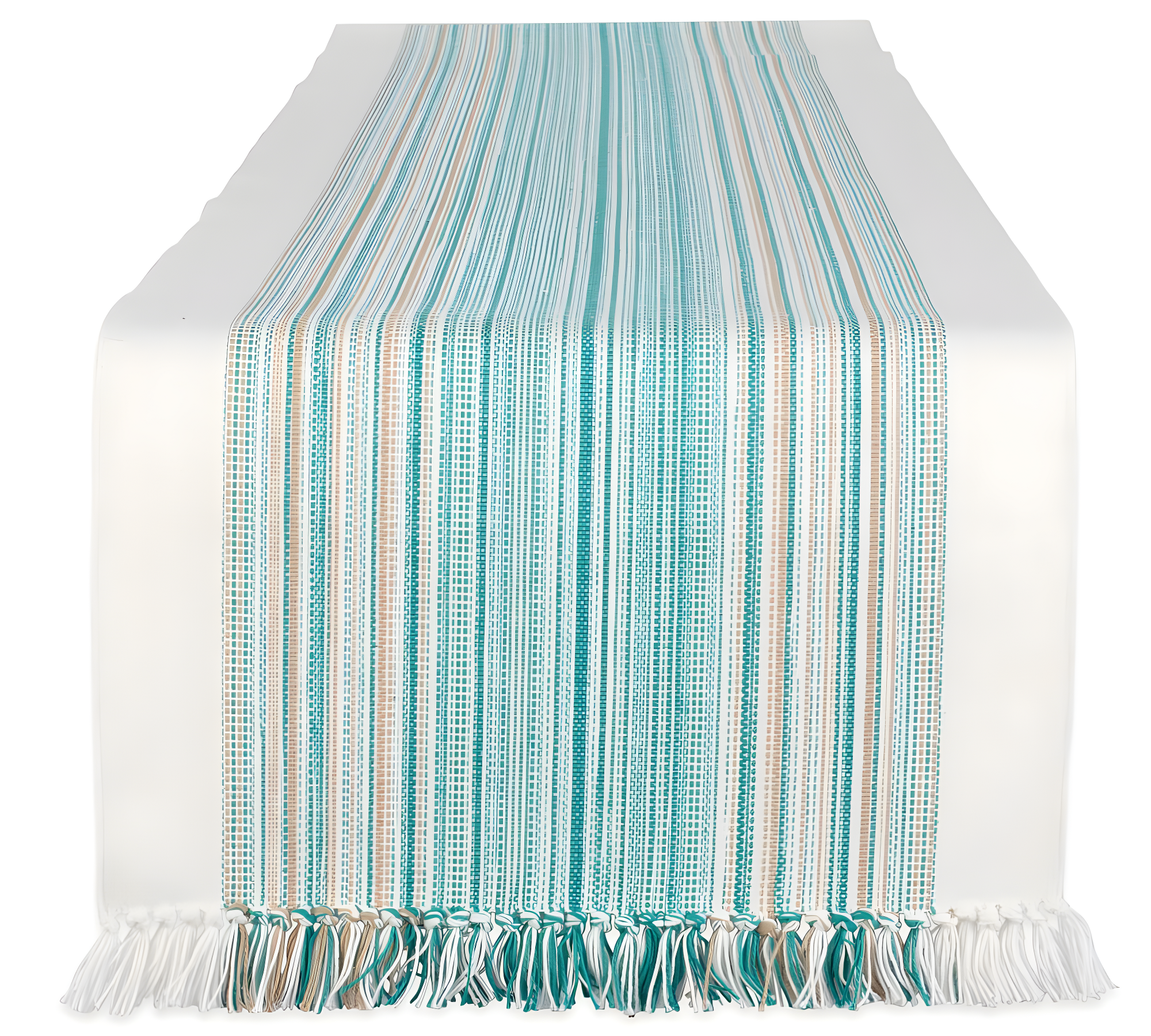 Teal Blue Striped Cotton Fringe Table Runner, 14" x 72"