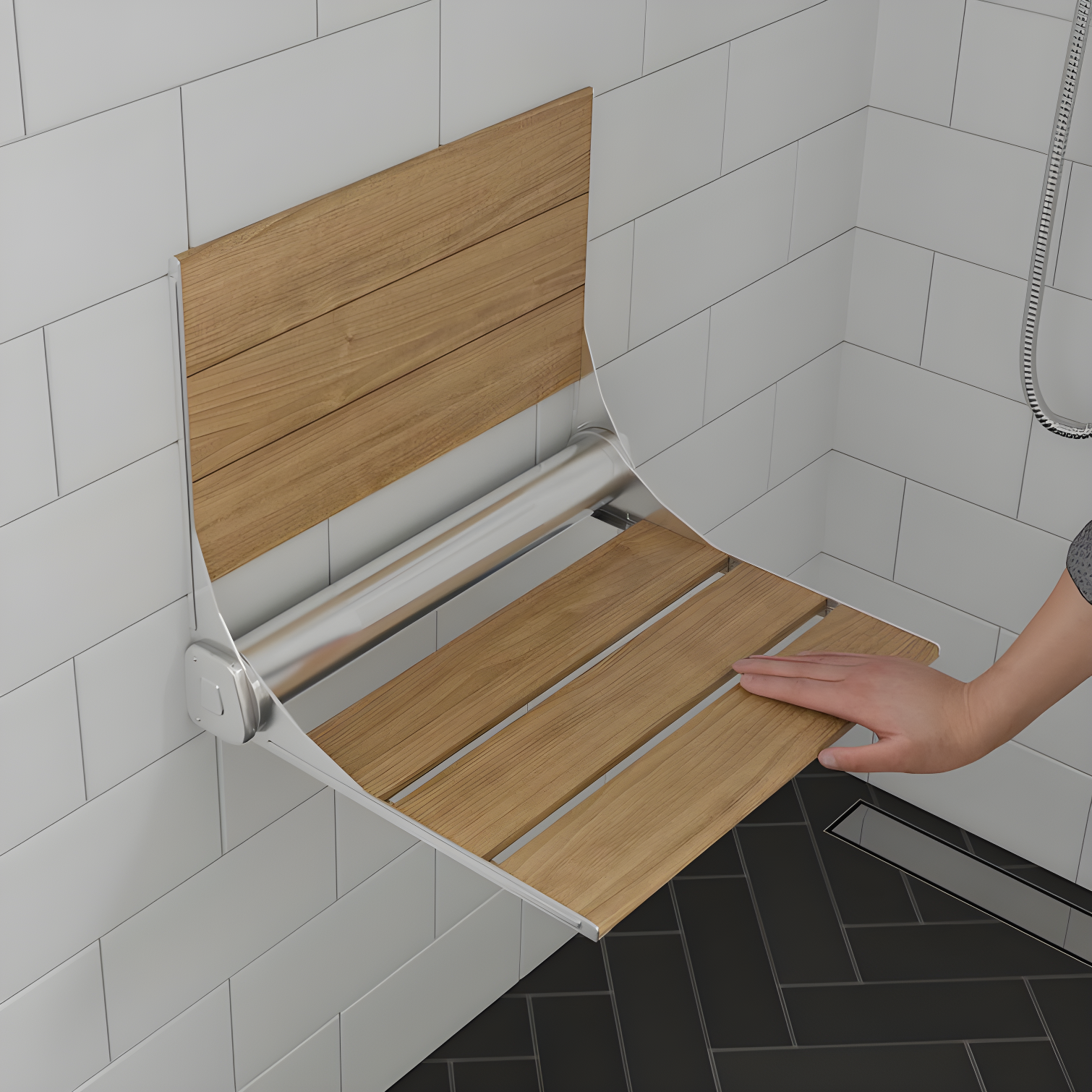 Natural Teak Wood Folding Shower Seat with Aluminum Frame