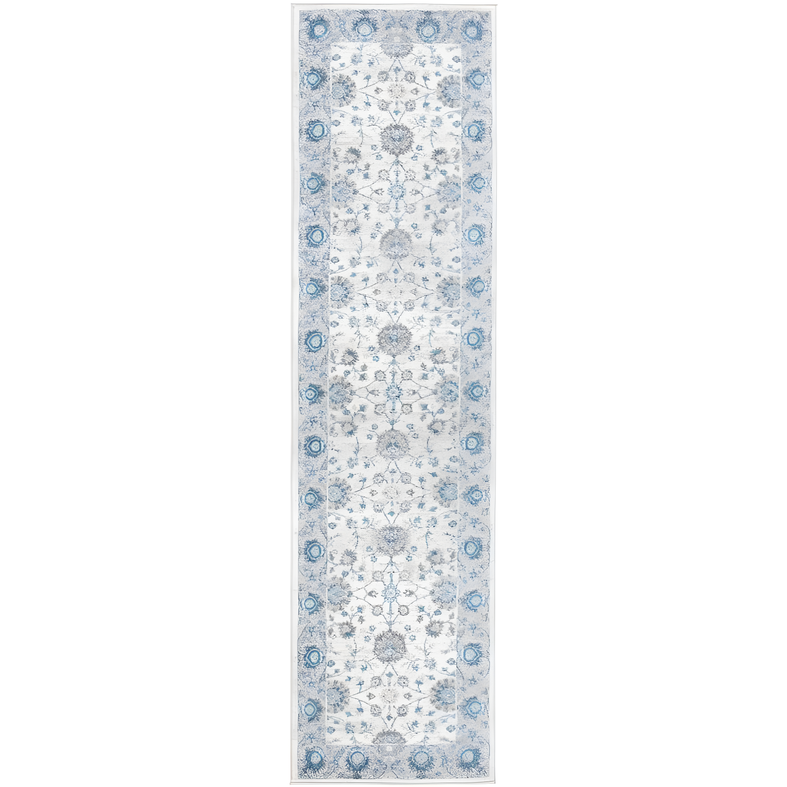 Ivory and Blue Synthetic Hand-Knotted Runner Rug