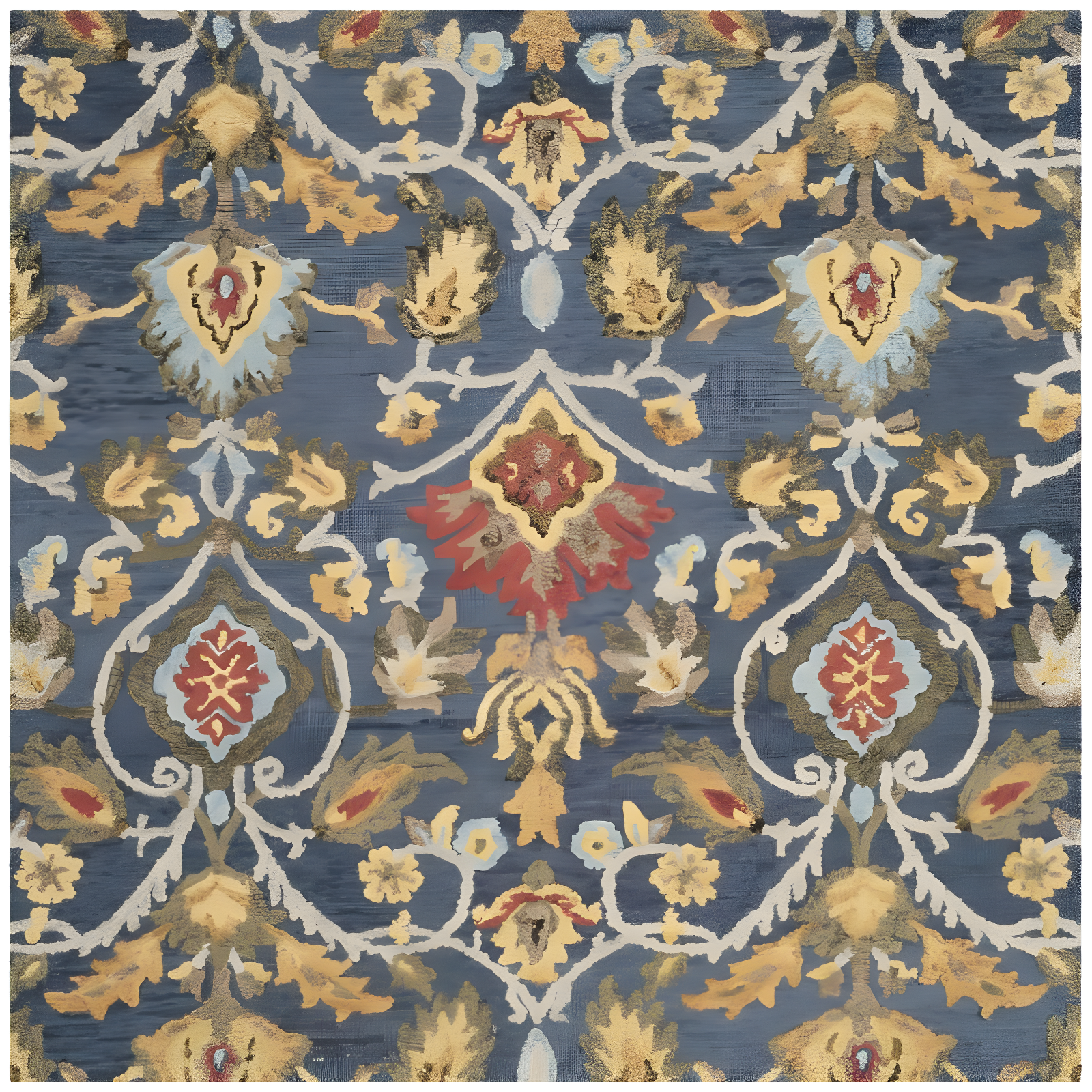 Navy and Multi Floral Hand-Tufted Wool Square Rug