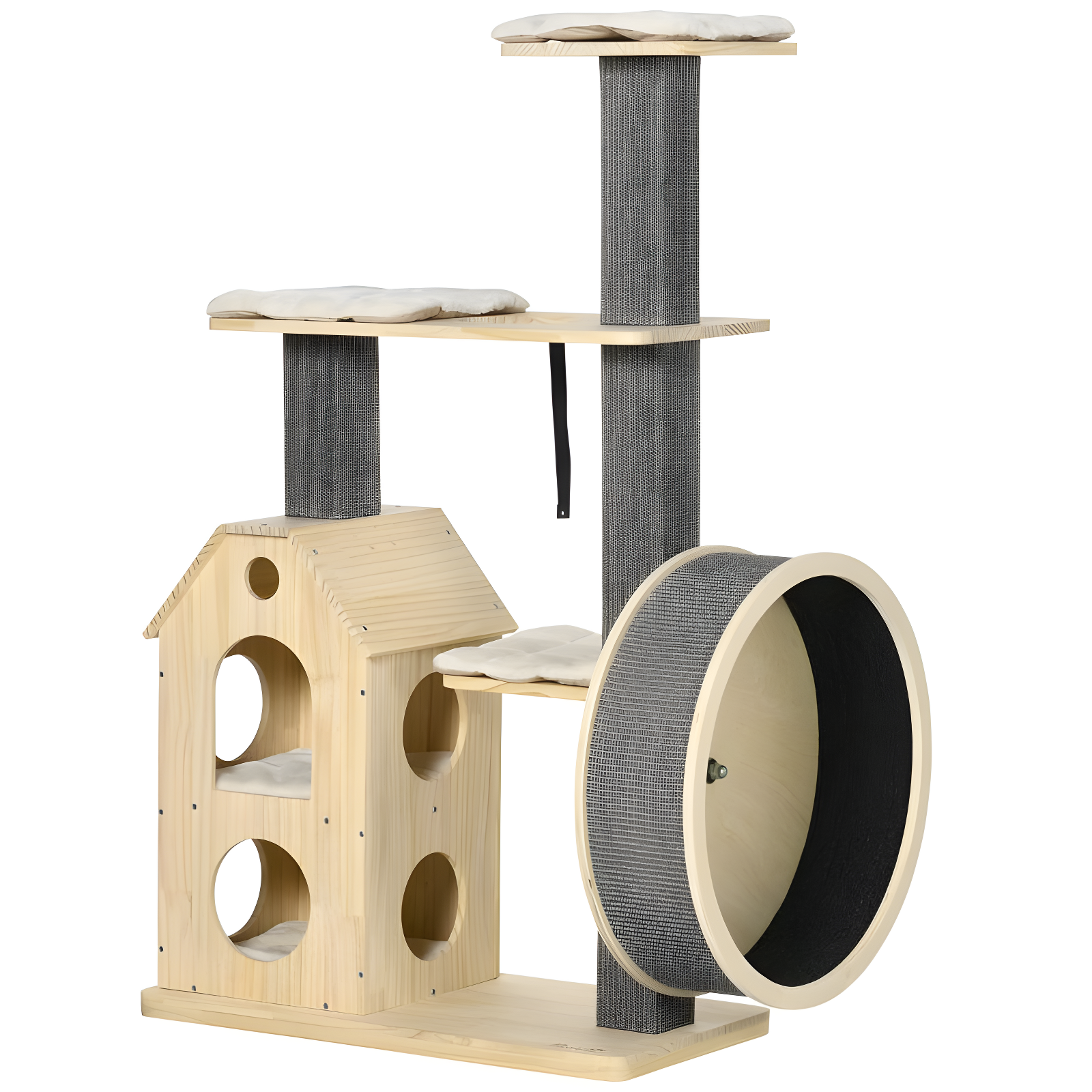 Modern Pinewood Cat Tree with Sisal Scratching Posts and Running Wheel