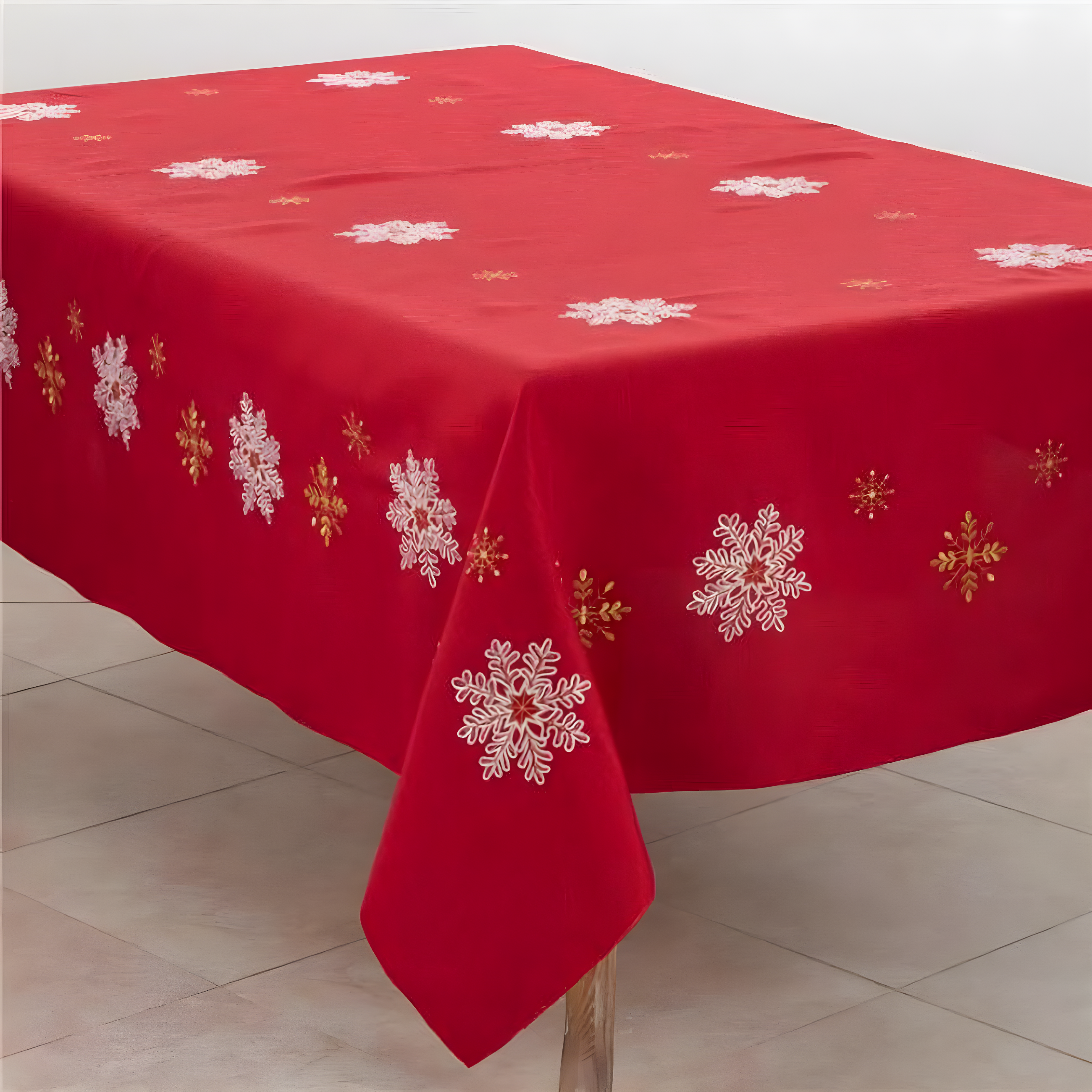 Red Polyester Snowflake Embroidered Holiday Tablecloth