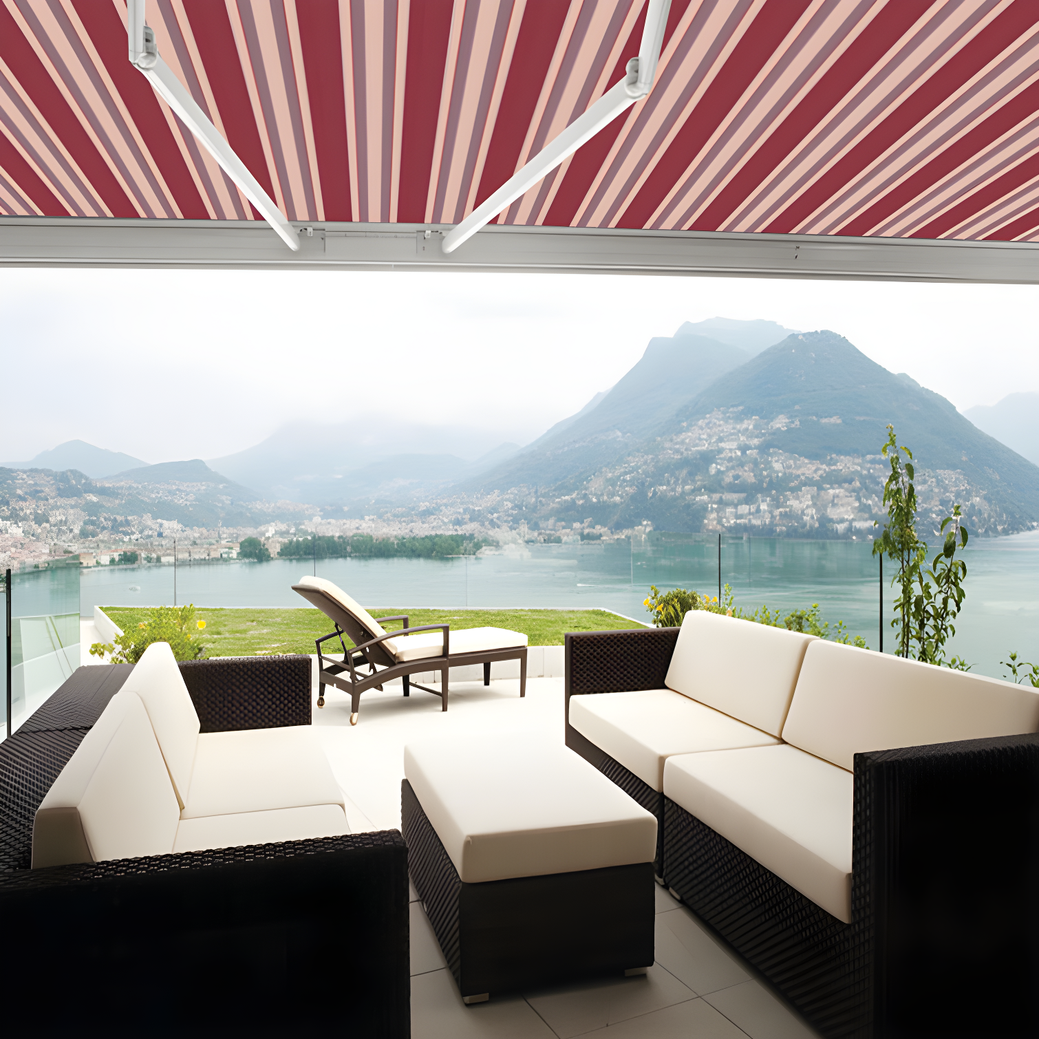 Advaning Red and Beige Striped Motorized Retractable Patio Awning