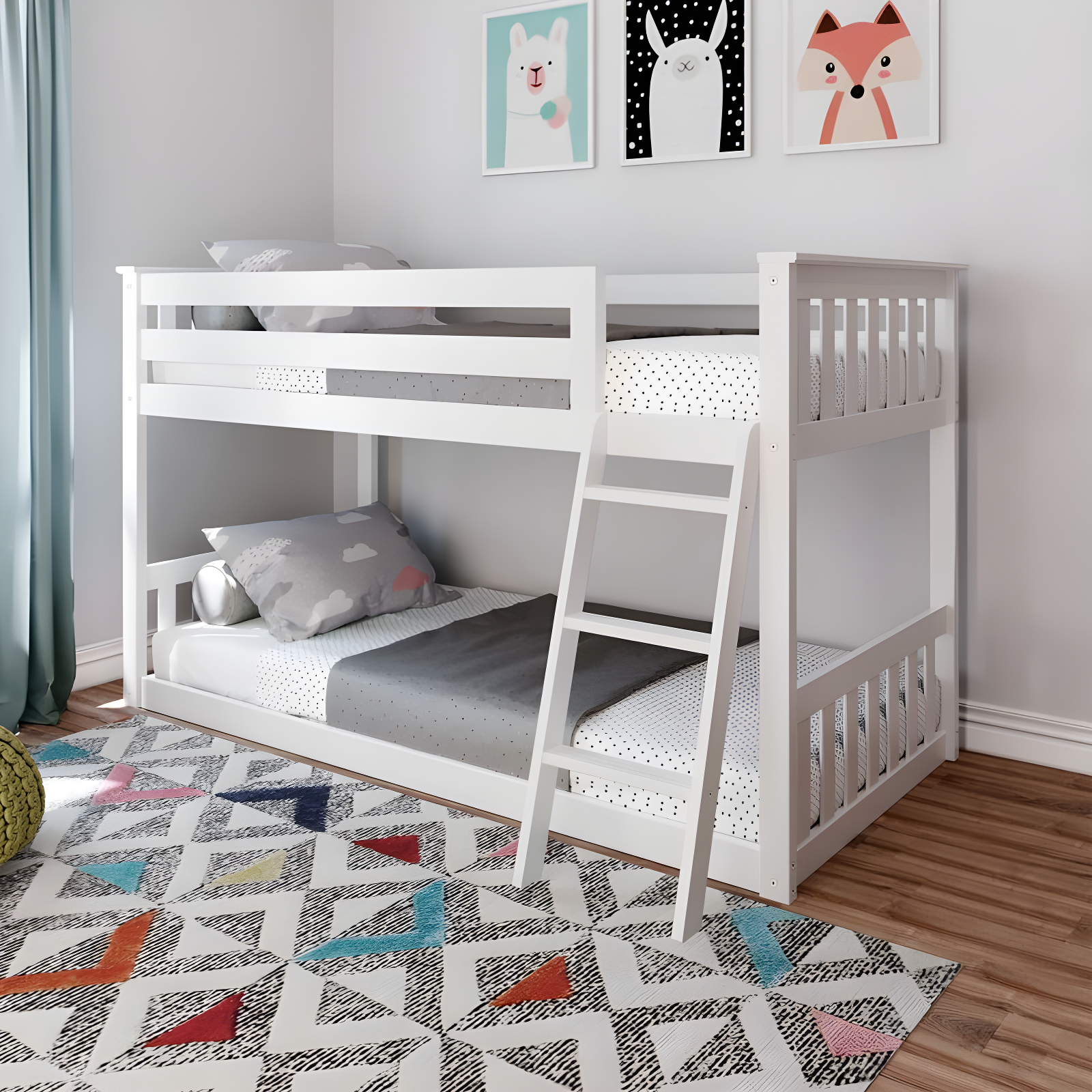 Pine Twin Over Twin Low Bunk Bed with Slatted Headboard in White