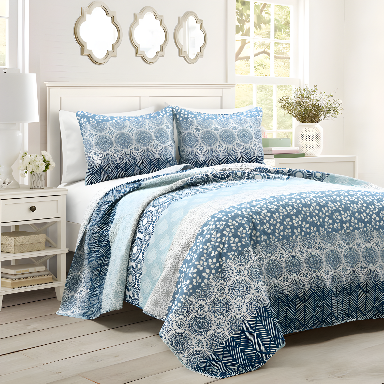 Blue Reversible Cotton King Quilt Set with Shams