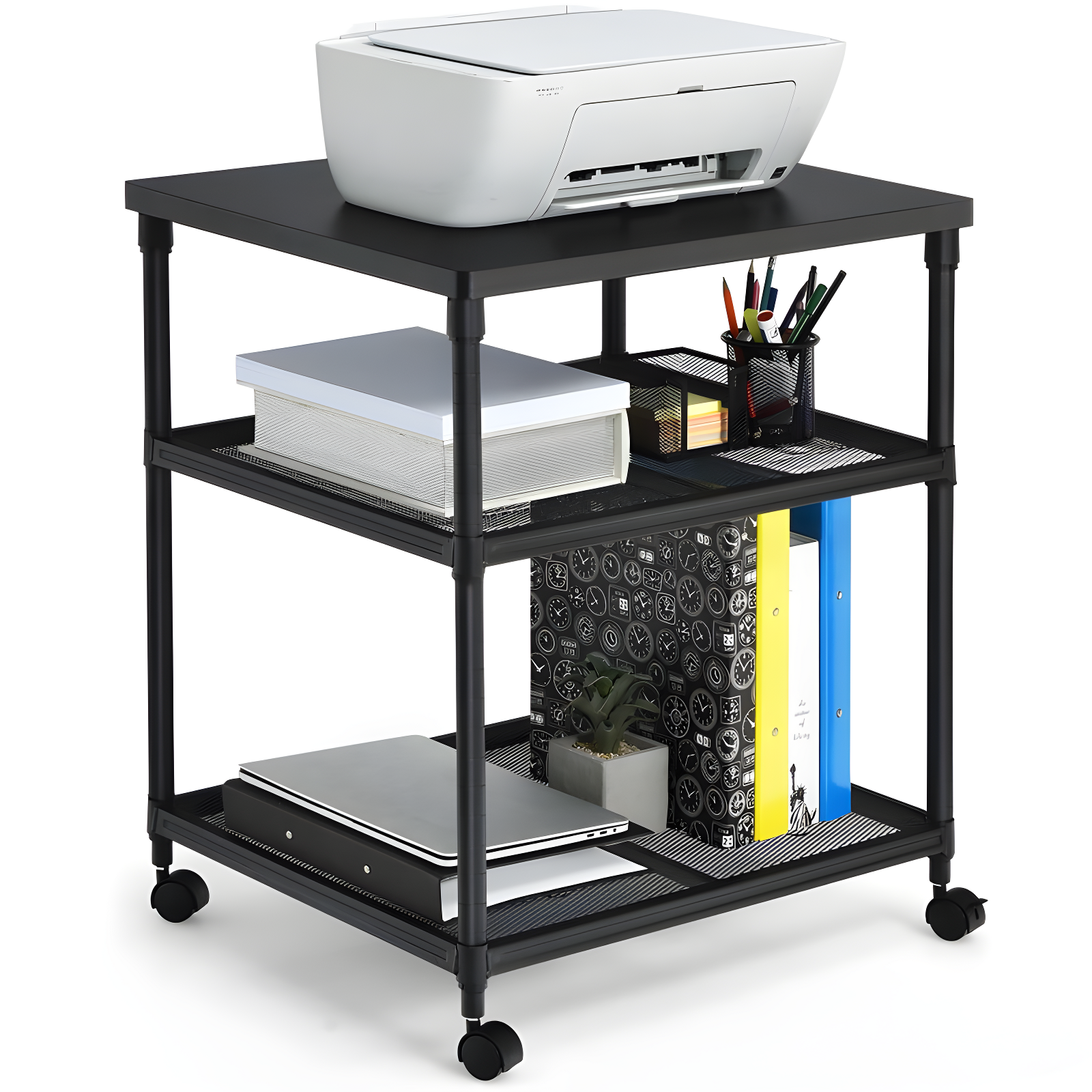 Black 3-Tier Rolling Printer Stand with Adjustable Shelves