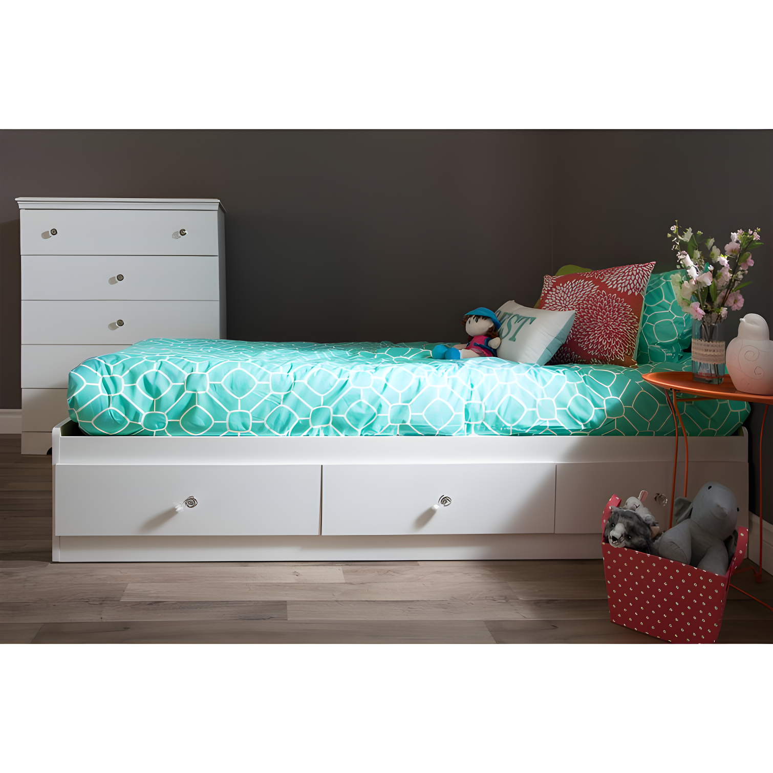 Crystal White Twin Wood Frame Bed with Storage Drawers