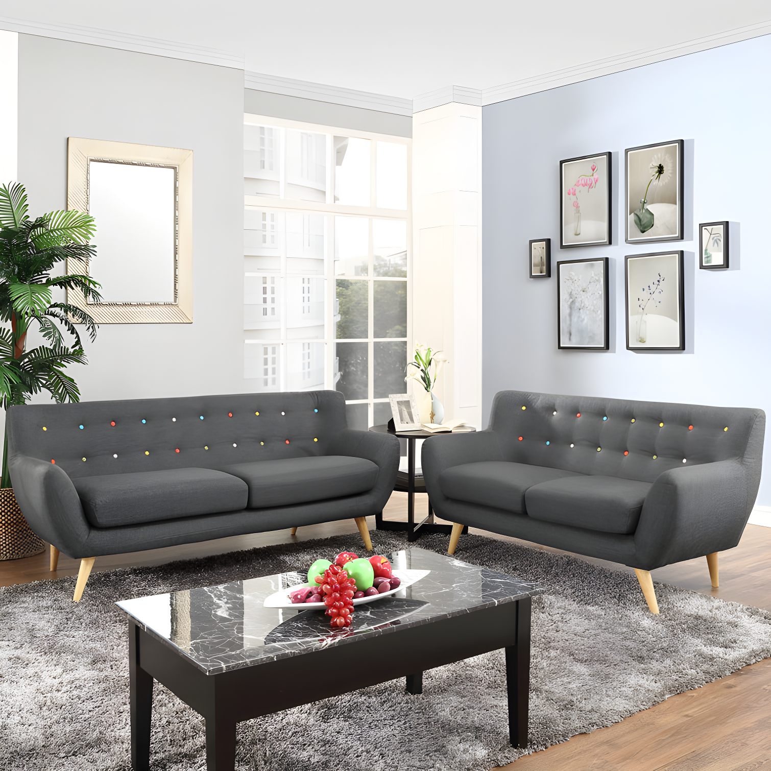 Gray Tufted Fabric Sofa and Loveseat Set with Wood Legs