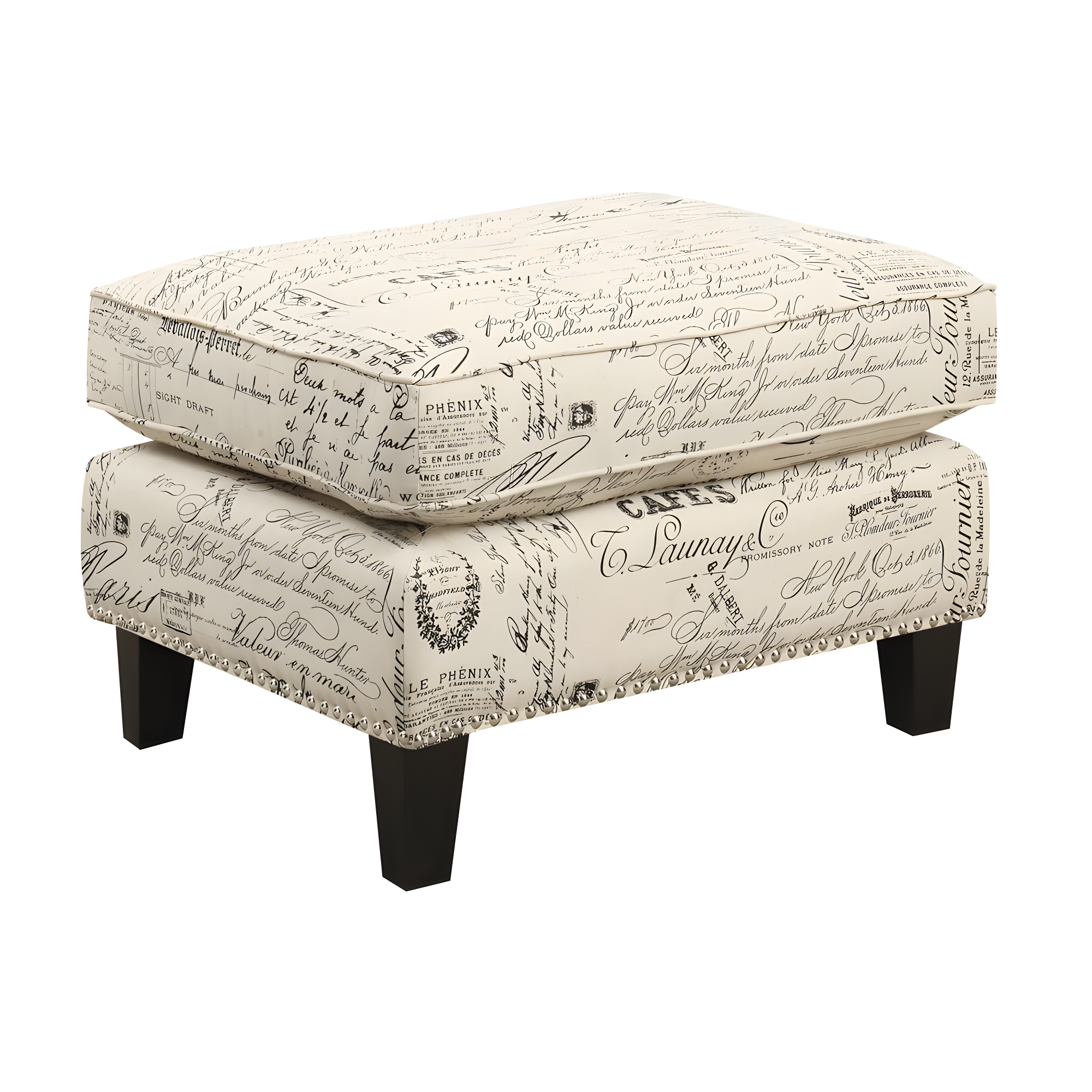 French Script Upholstered Ottoman with Nailhead Trim