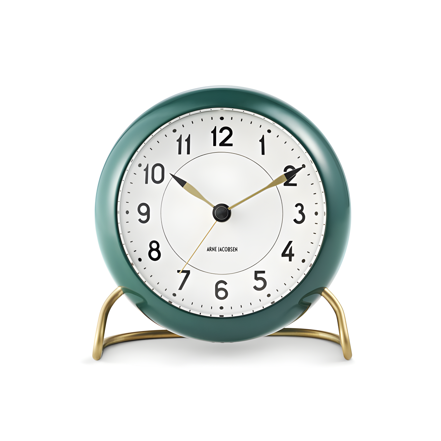 Green and White Analog Alarm Table Clock with Gold Stand