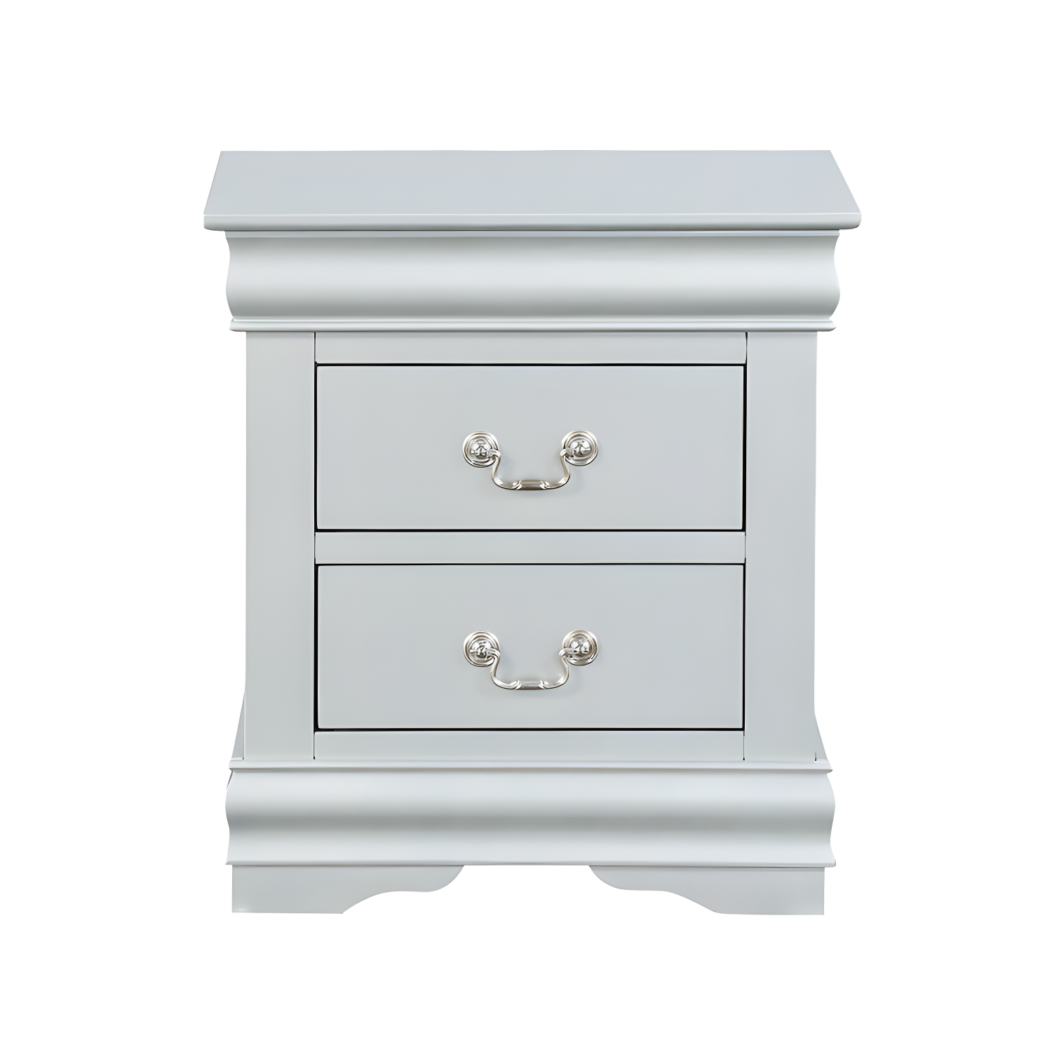 Elegant Silver Wooden Nightstand with Bracket Base and 2 Drawers