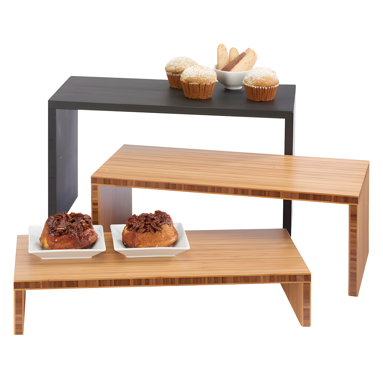 Beige Bamboo Tiered Rectangular Food Display Riser