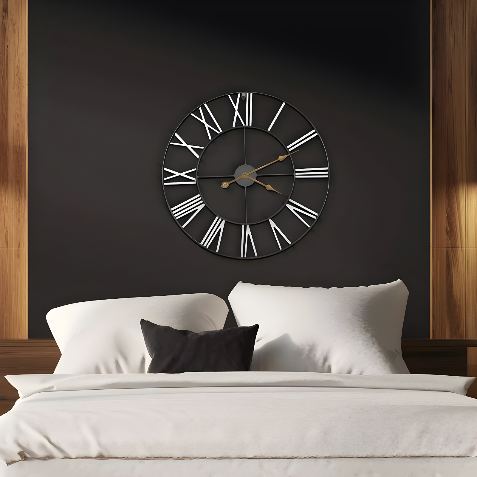 Oversized Black and Gold Metal Roman Numeral Wall Clock