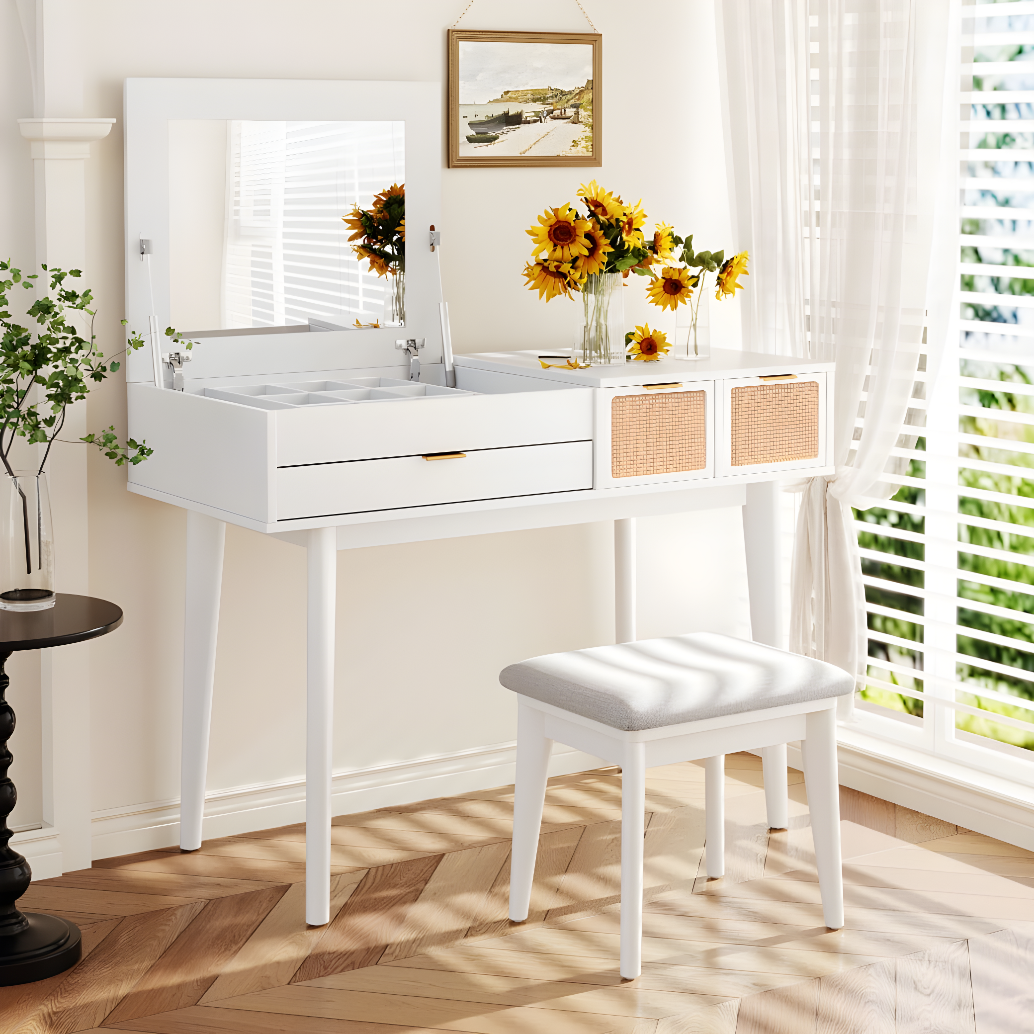 White Wood Vanity Desk with Flip-top Mirror and Cushioned Stool