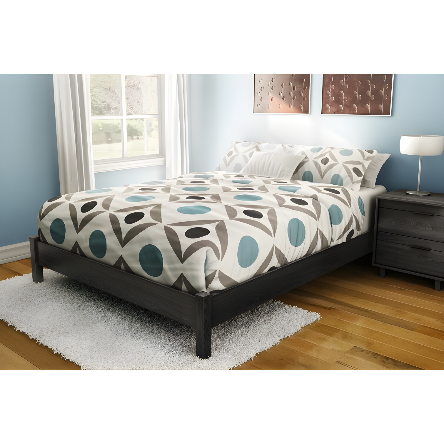 Gray Oak Full Size Upholstered Platform Bed with Wood Frame