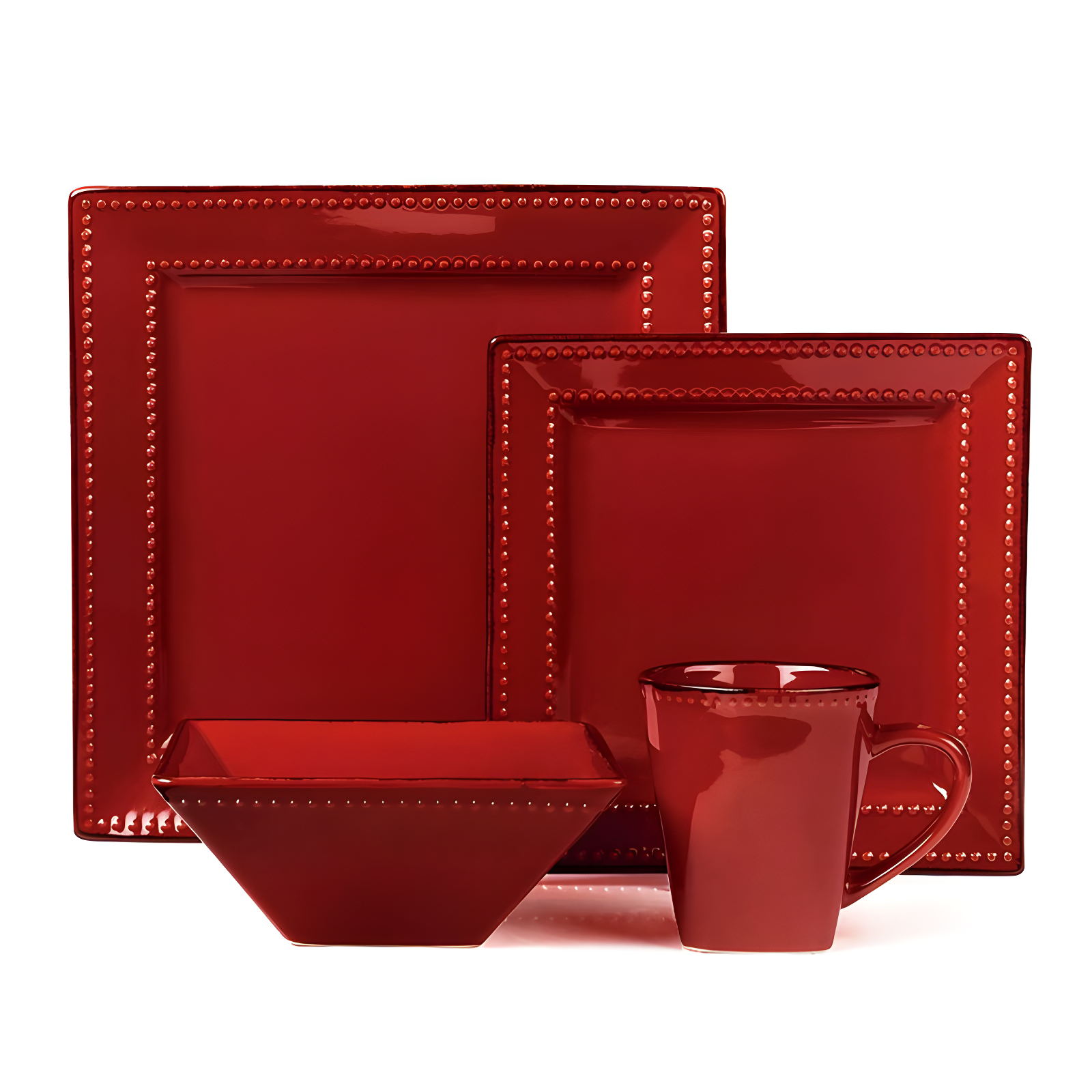 Red Square Beaded Ceramic 16-Piece Dinnerware Set