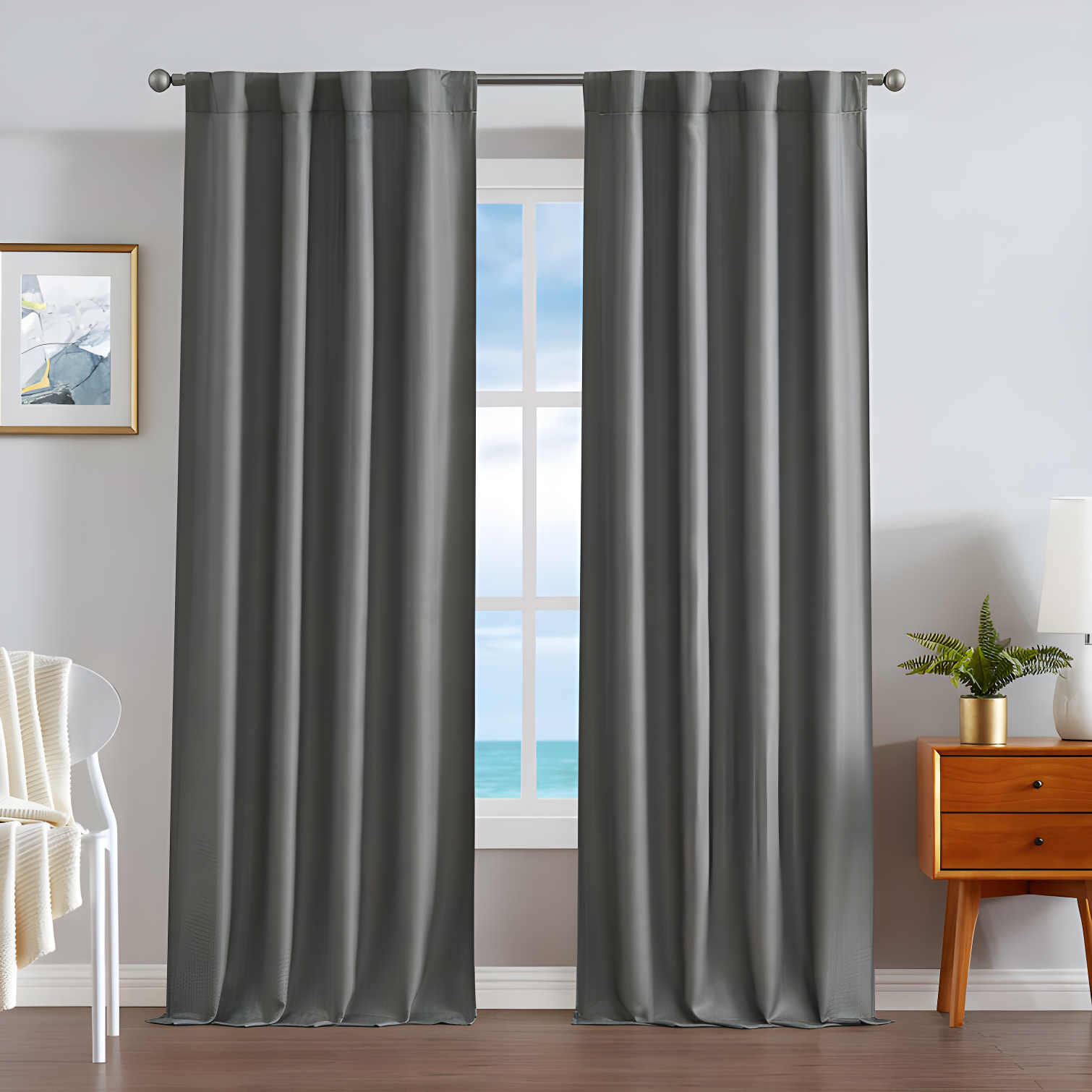 Charcoal Polyester Blackout Thermal Back Tab Curtains, 38" x 84"