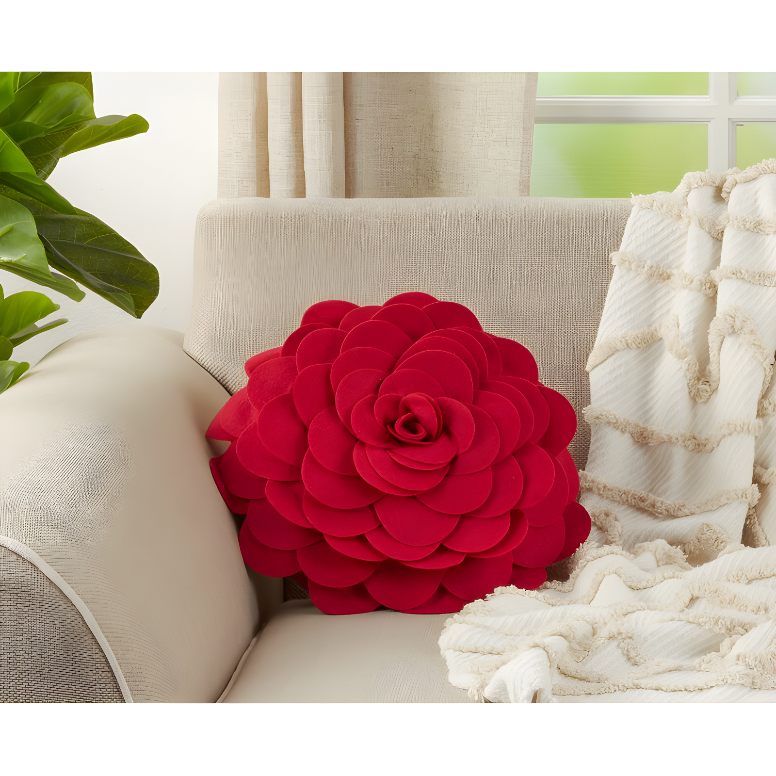 Red Round Rose Design Polyester Throw Pillow 16"