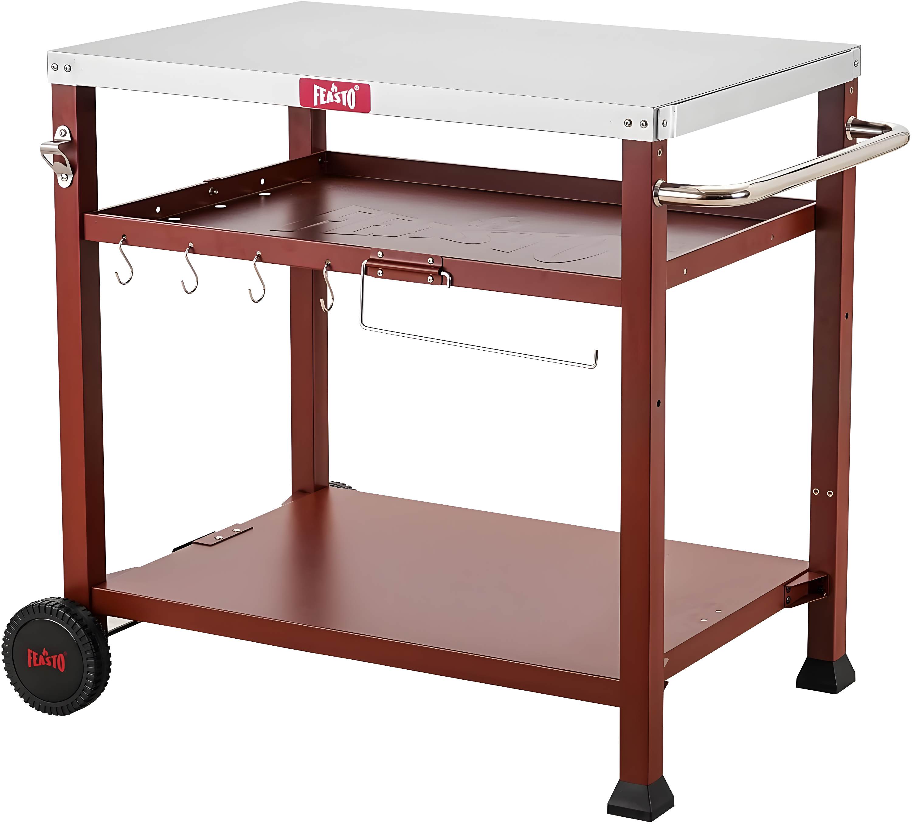 Three-Shelf Red and Stainless Steel Outdoor Grill Cart