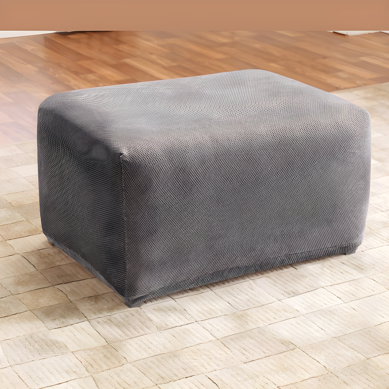 Flannel Gray Stretch Pique Oversized Ottoman Slipcover