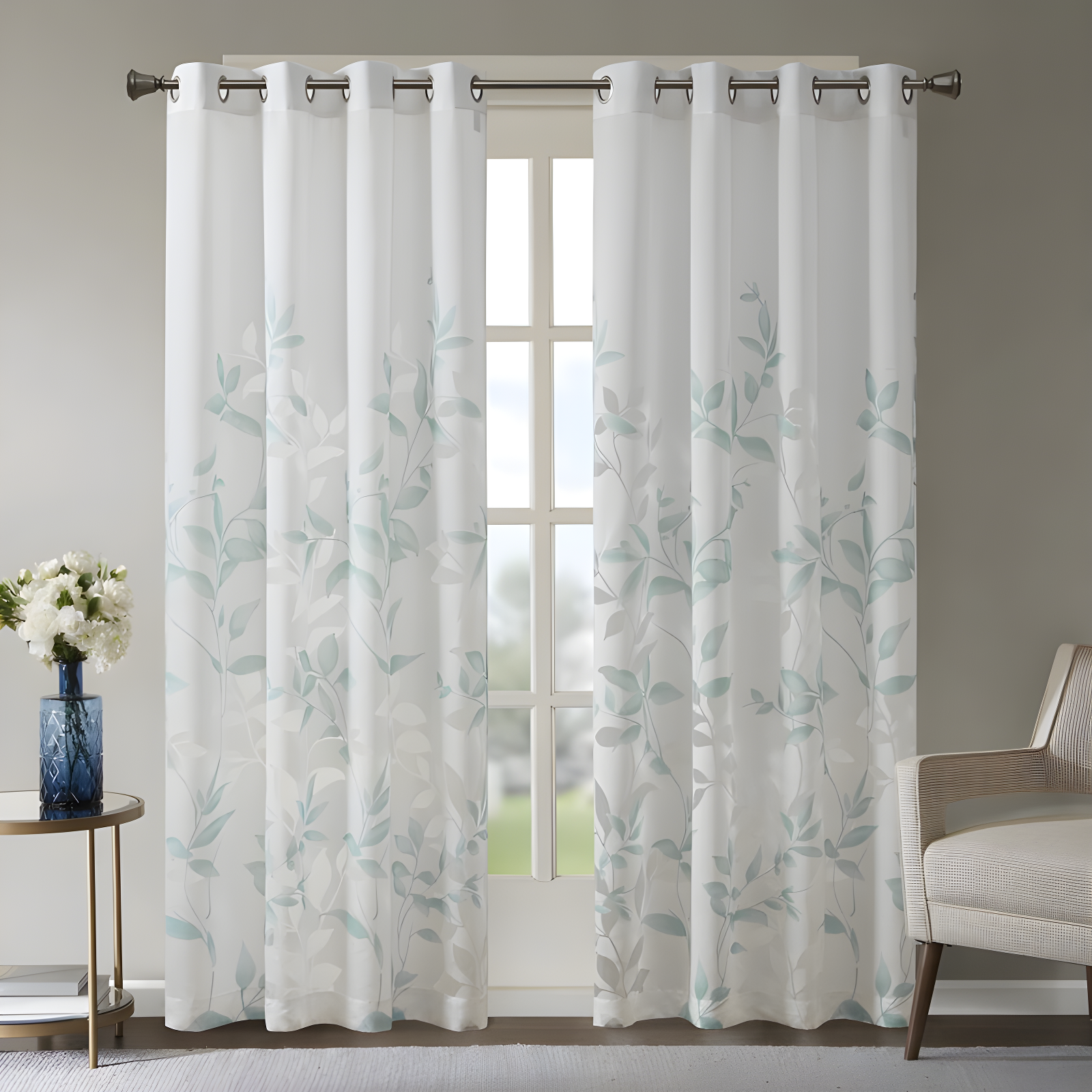 Aqua Sheer Botanical Grommet Window Panel