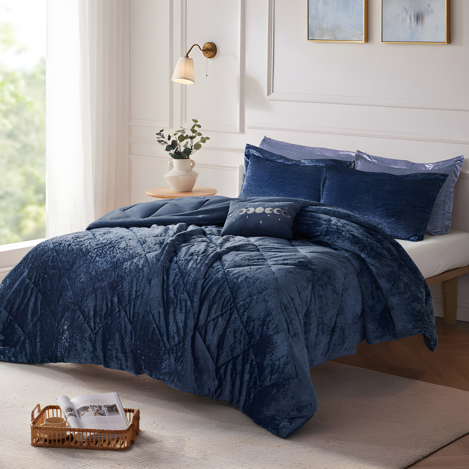 Navy Twin Crushed Velvet Diamond Quilted Bedspread Set