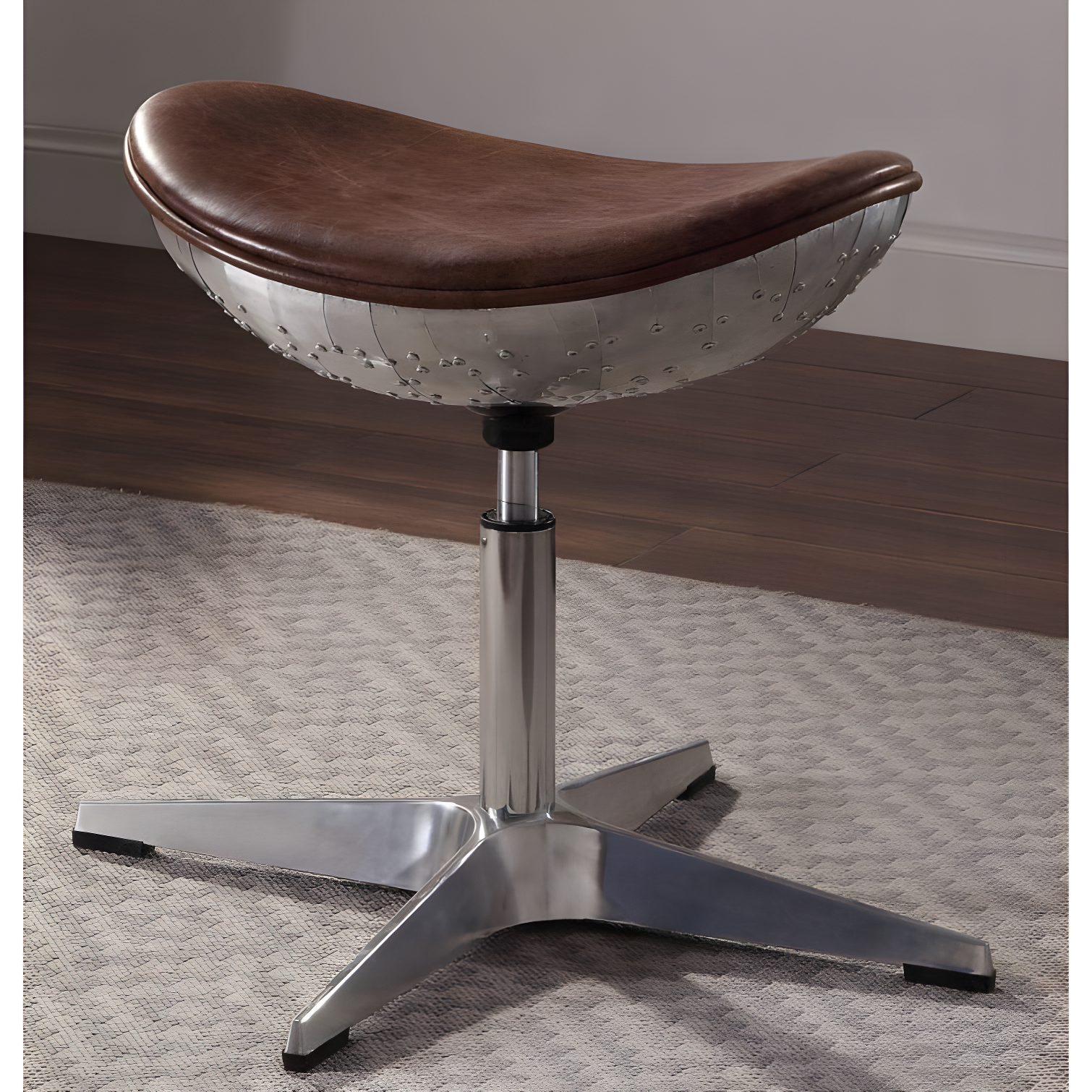 Retro Brown Top Grain Leather & Aluminum Swivel Saddle Stool