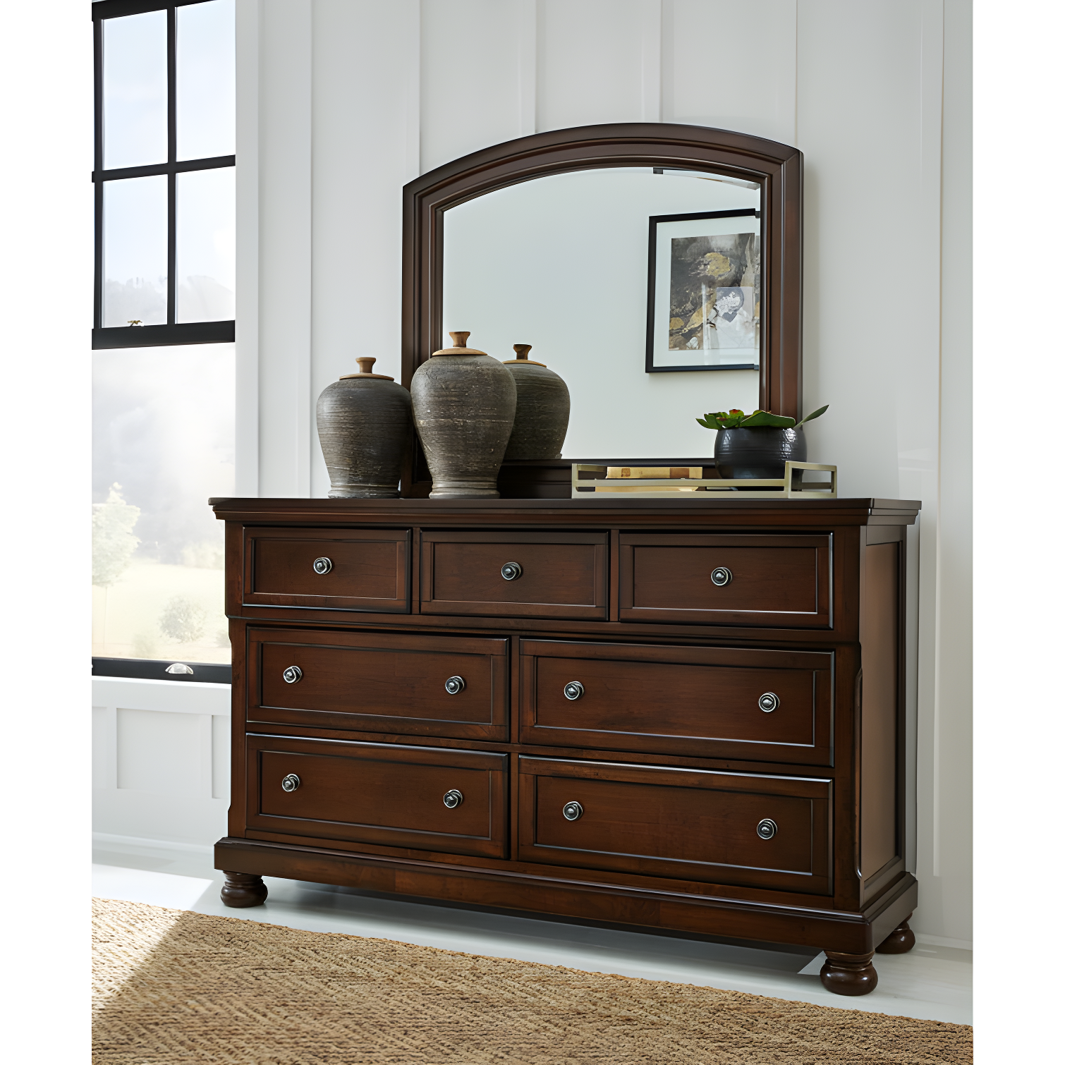 Transitional Brown 65'' Dresser with Mirror and Dovetail Drawers