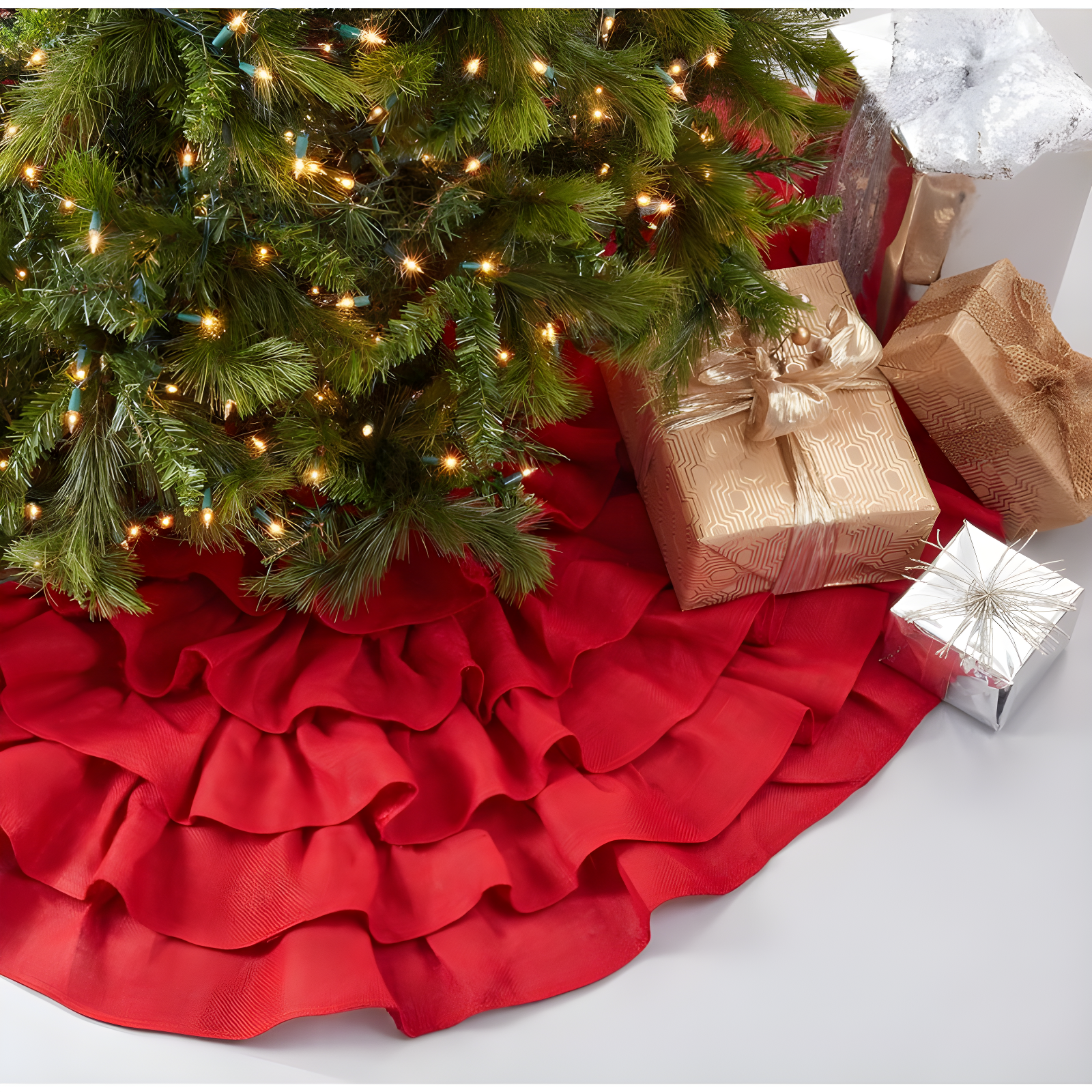 Red Jute Christmas Tree Skirt with Ruffled Design, 72"