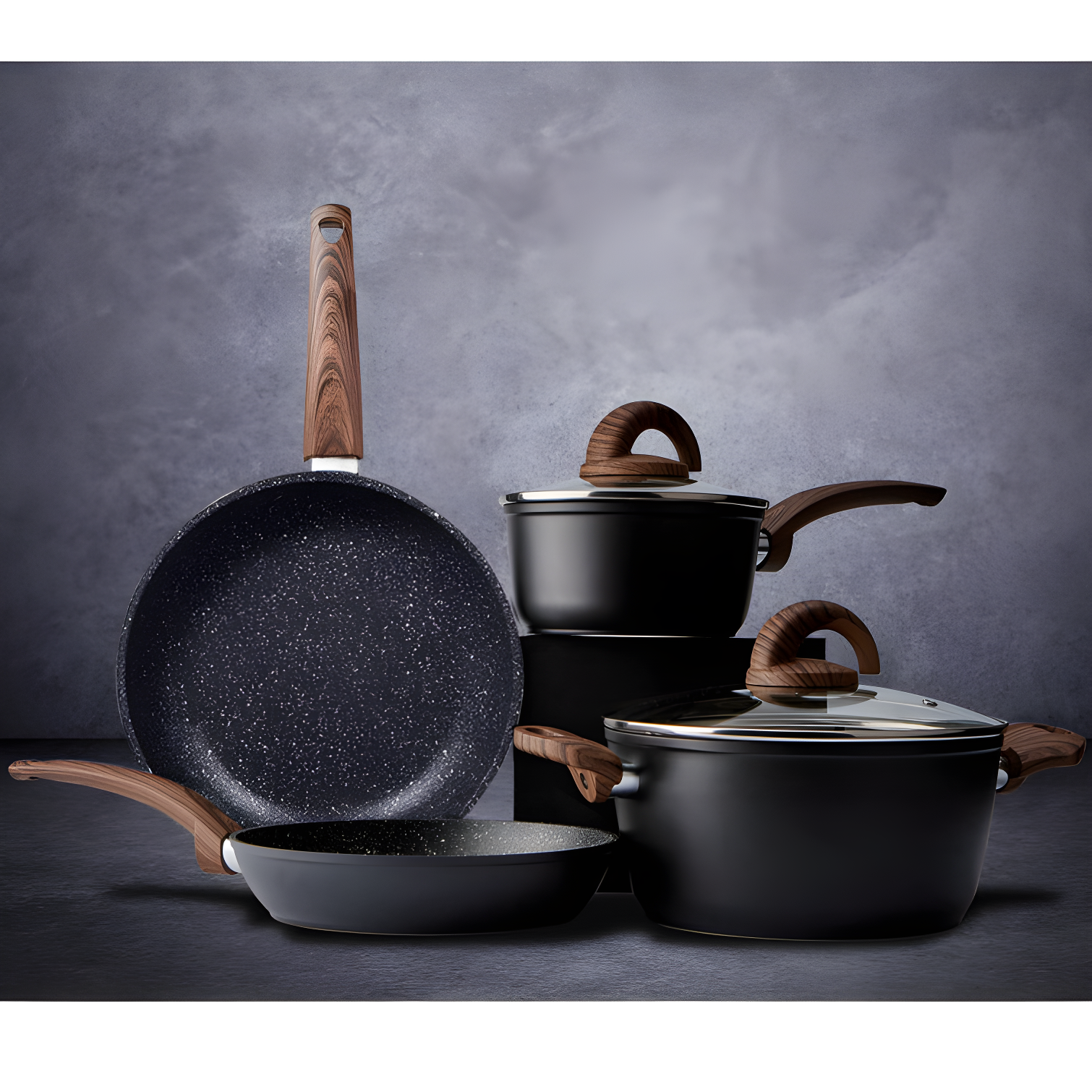 6-Piece Black Granite Non-Stick Aluminum Cookware Set