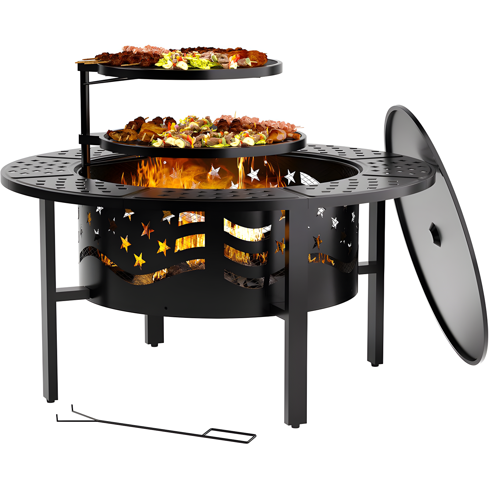 42" Black Steel Outdoor Fire Pit with Dual Grills