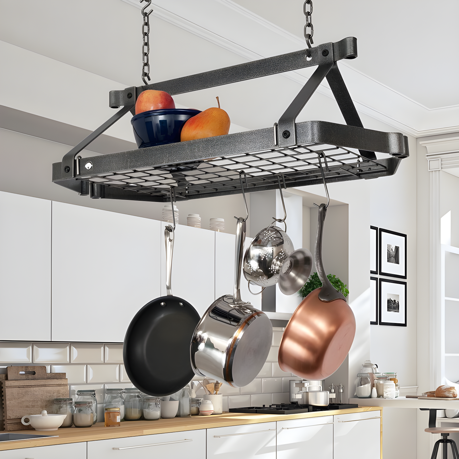 Hammered Steel Ceiling Mounted Pot Rack with Grid