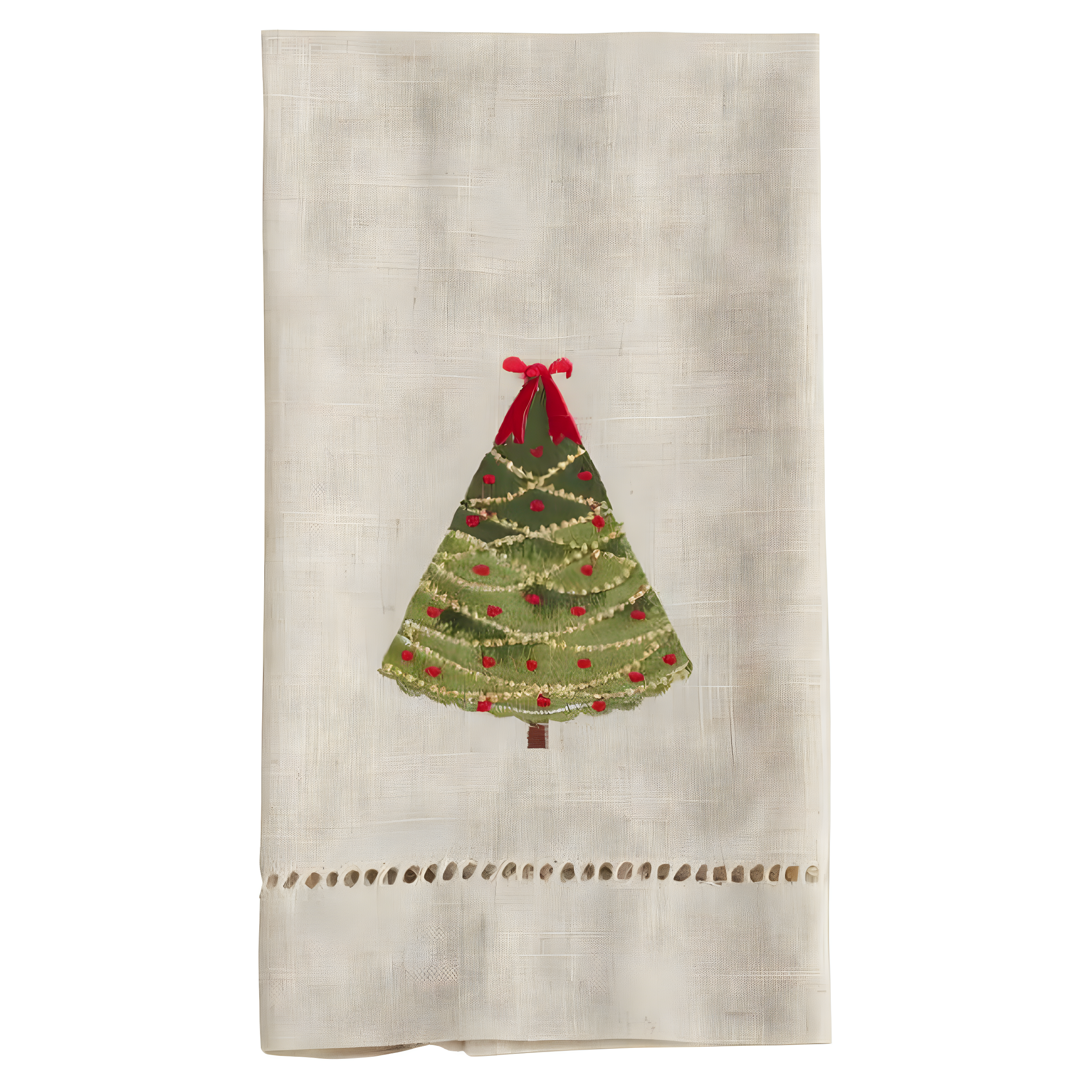 Natural Embroidered Hemstitched Christmas Tree Guest Towels Set