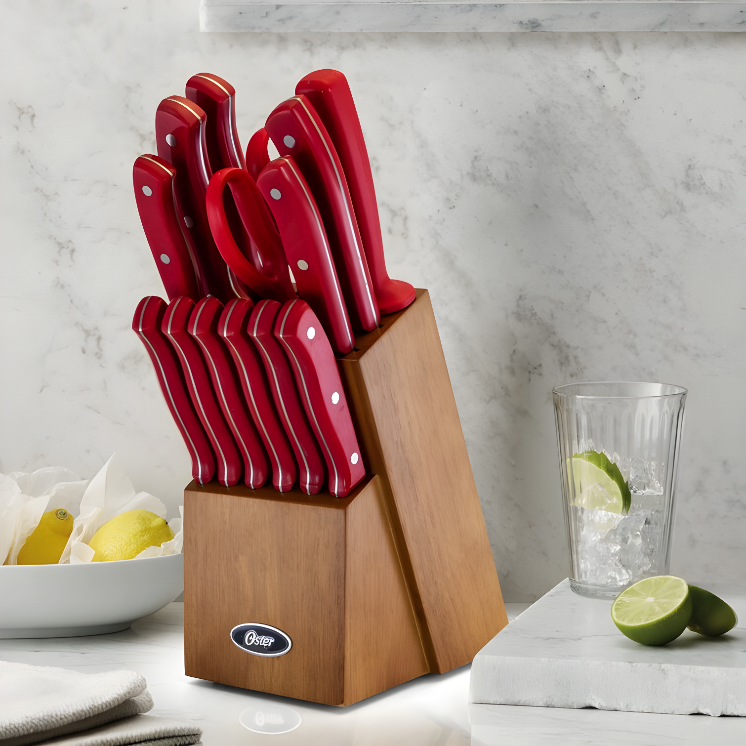 Oster Evansville 14-Piece Red Knife Block Set with Rubber Wood Block