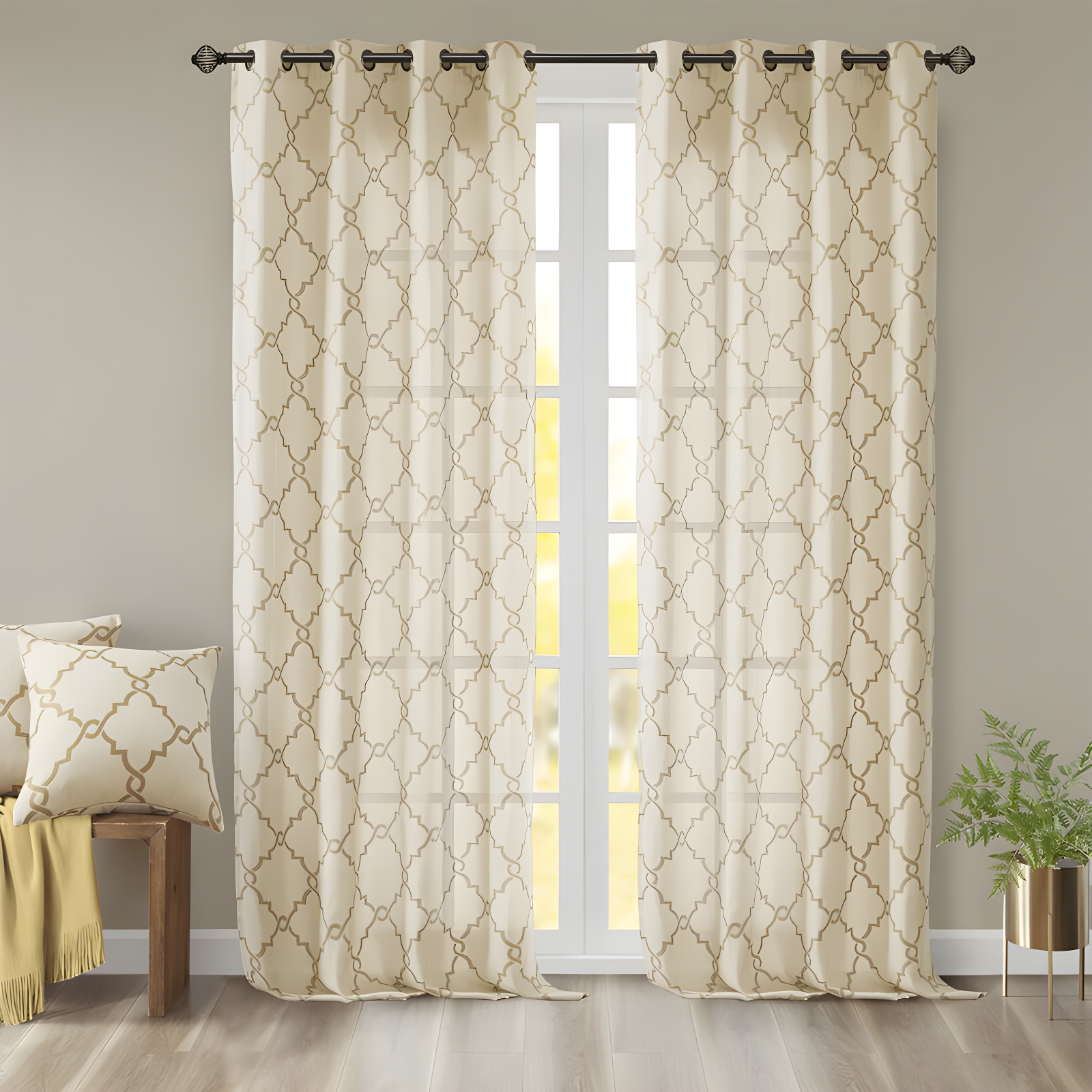 Beige and Gold Light Filtering Grommet Curtain Panel